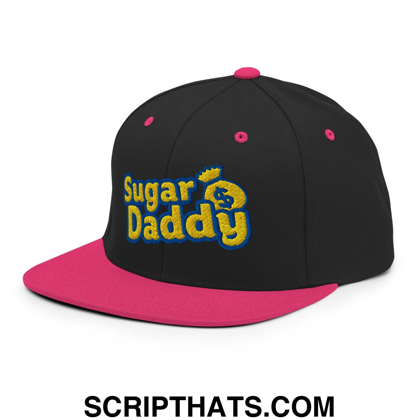 Sugar Daddy Embroidered Flat Bill Brim Snapback Hat Black Neon Pink