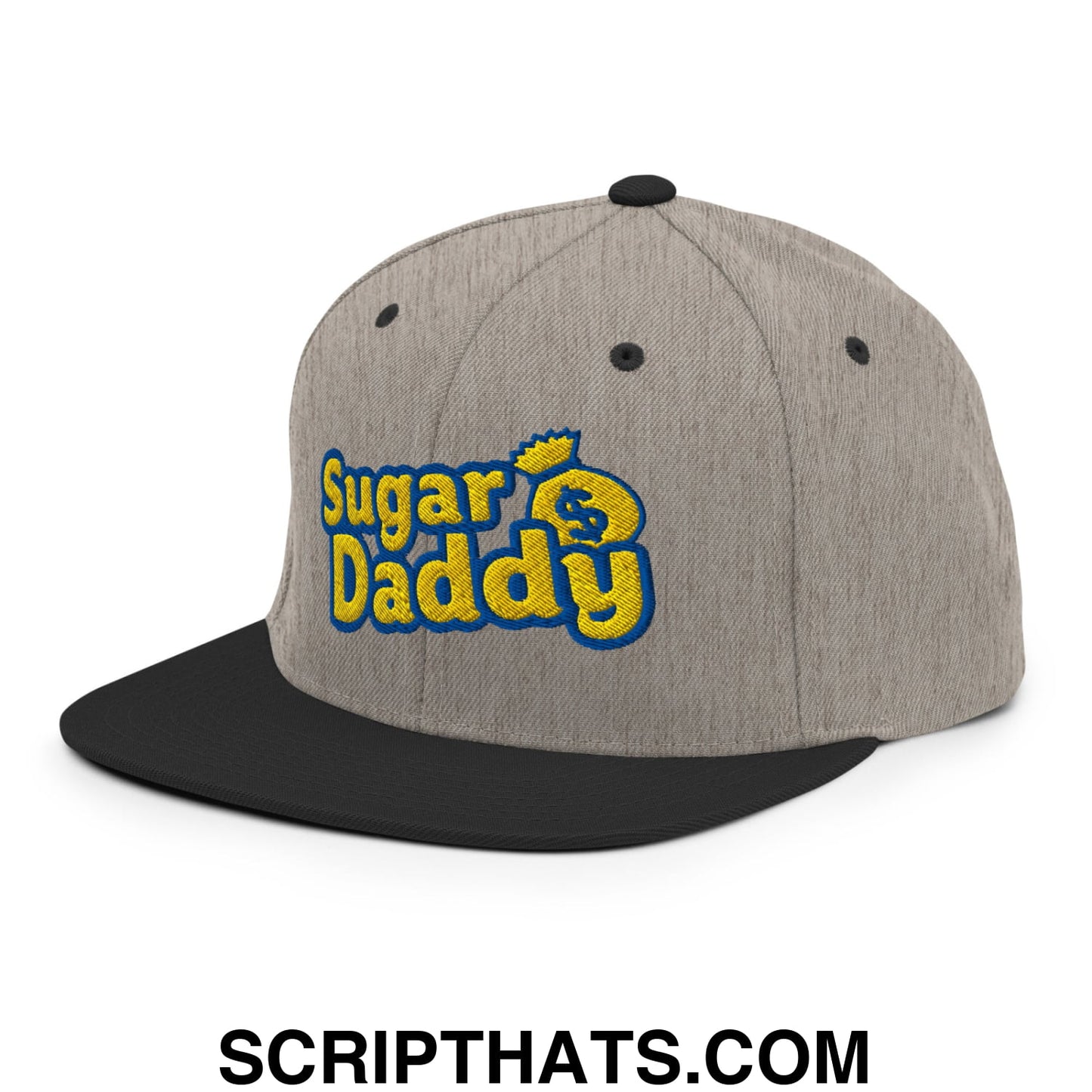 Sugar Daddy Embroidered Flat Bill Brim Snapback Hat Heather Black