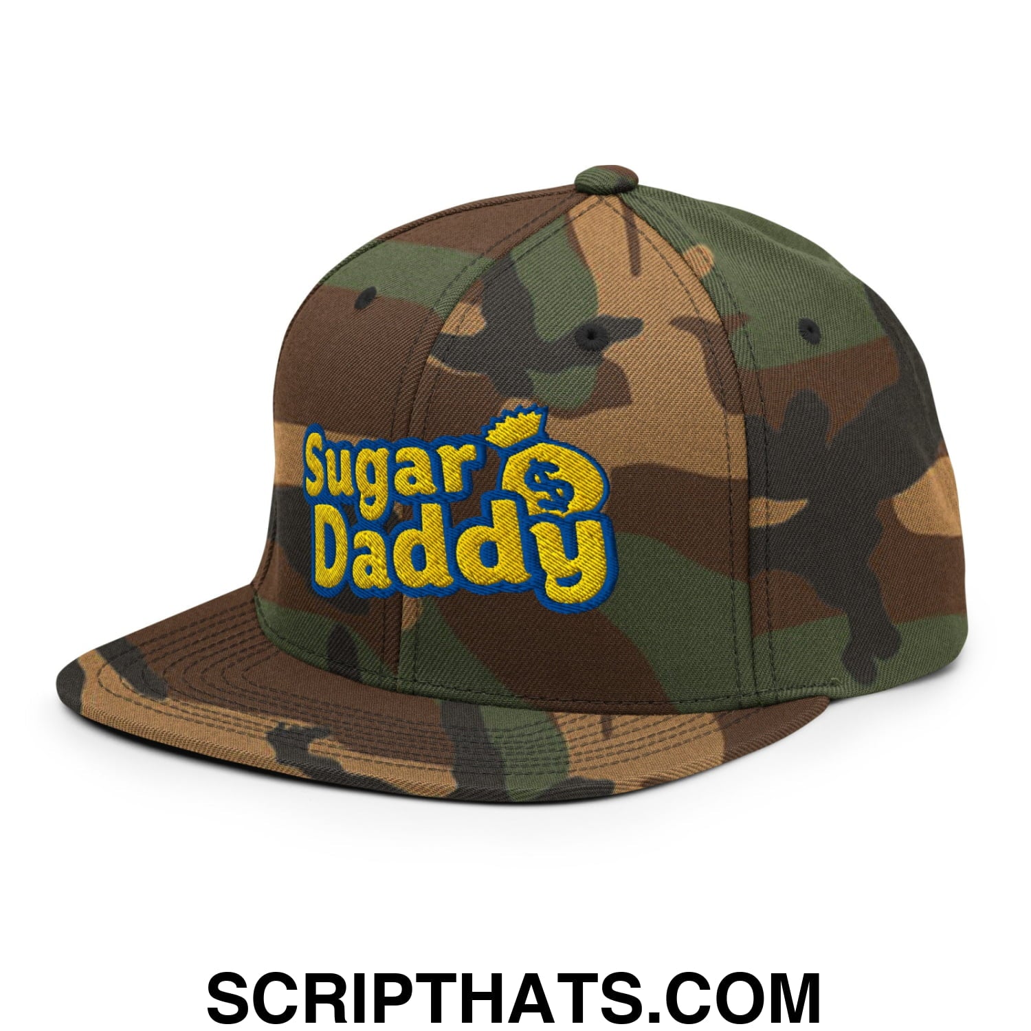Sugar Daddy Embroidered Flat Bill Brim Snapback Hat Green Camo