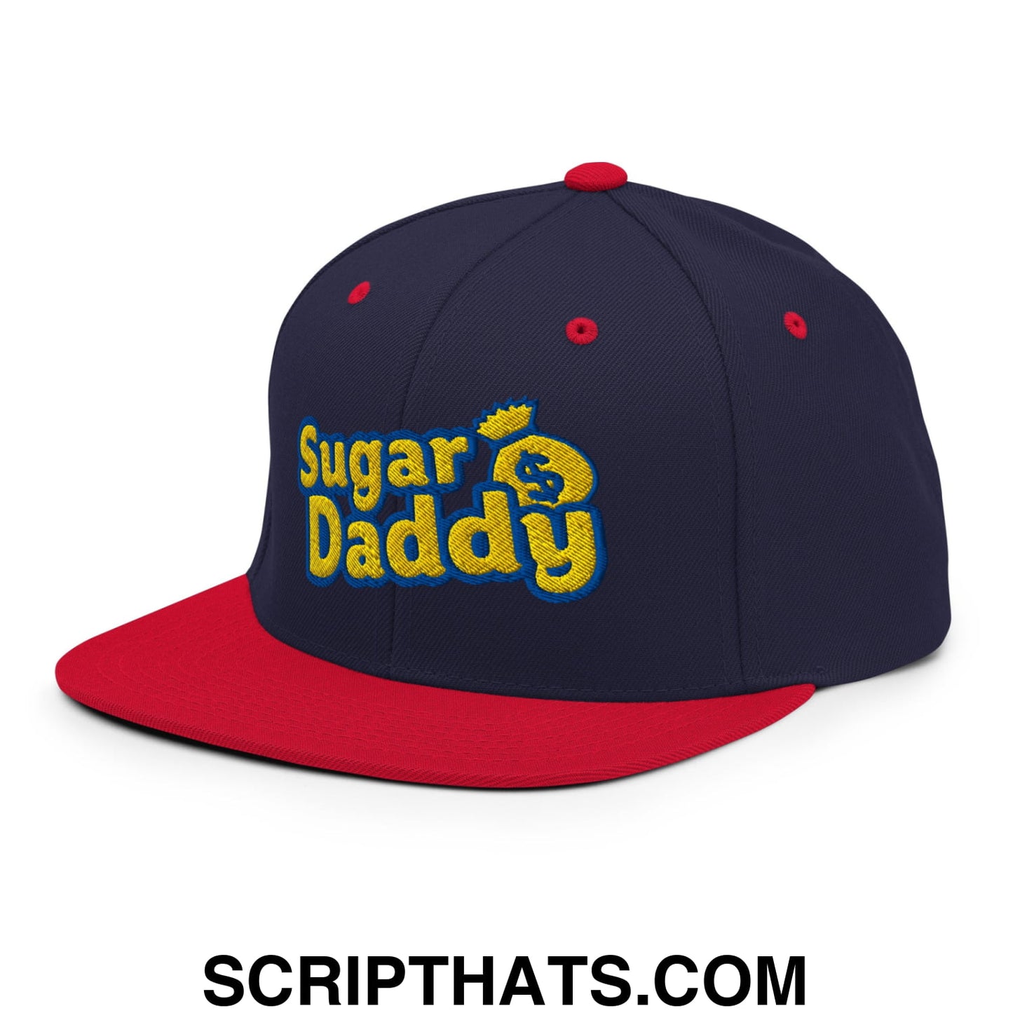 Sugar Daddy Embroidered Flat Bill Brim Snapback Hat Navy Red