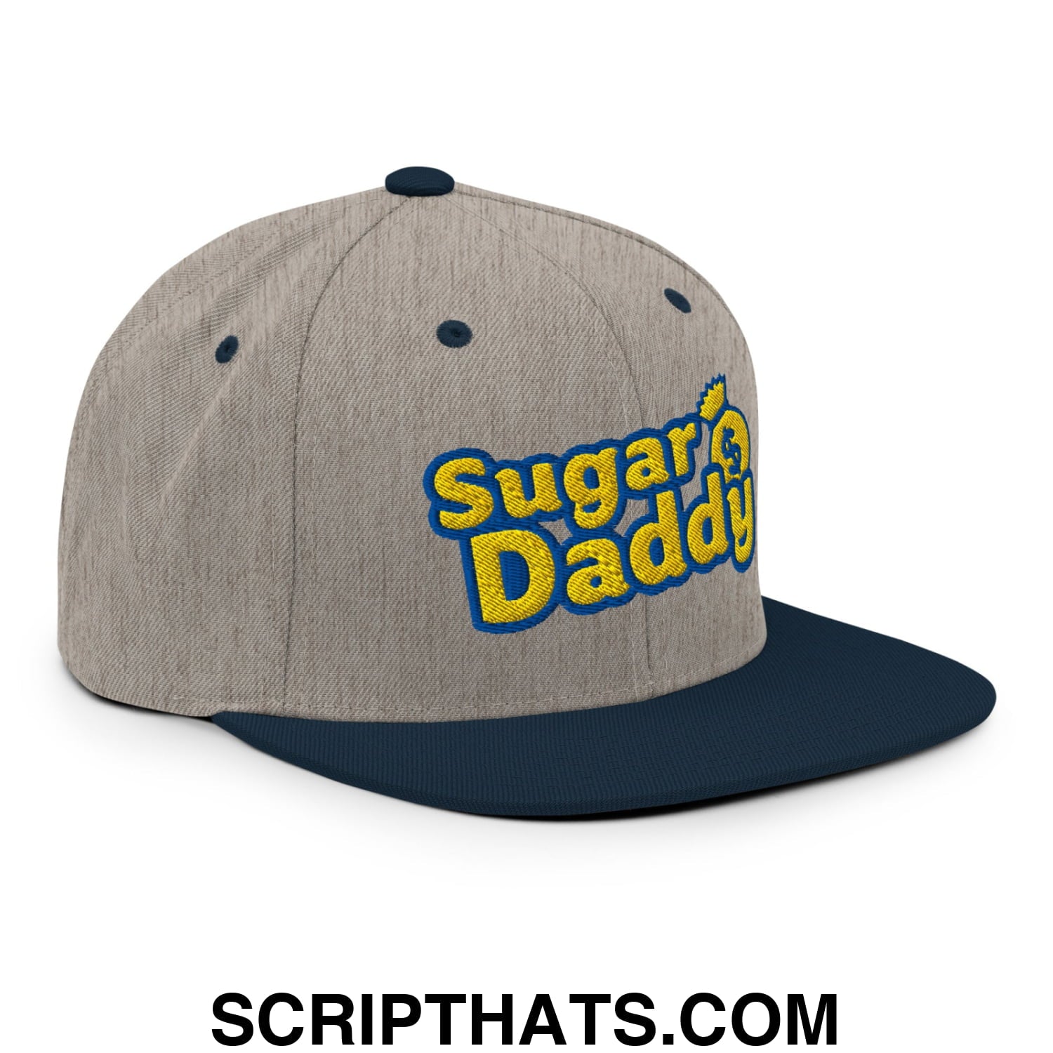 Sugar Daddy Embroidered Flat Bill Brim Snapback Hat Heather Grey Navy