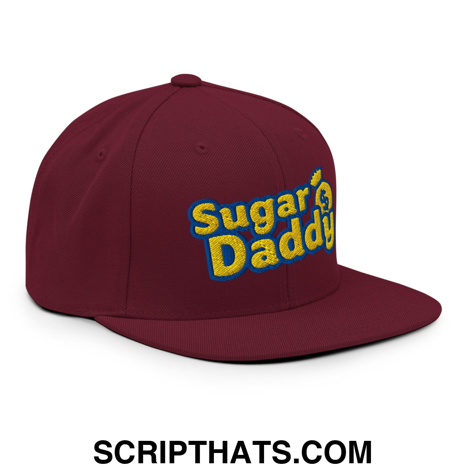 Sugar Daddy Embroidered Flat Bill Brim Snapback Hat Maroon