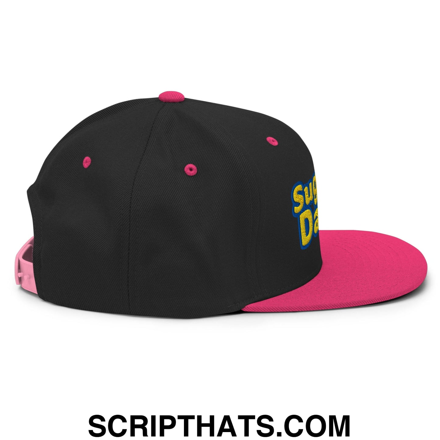Sugar Daddy Embroidered Flat Bill Brim Snapback Hat Black Neon Pink