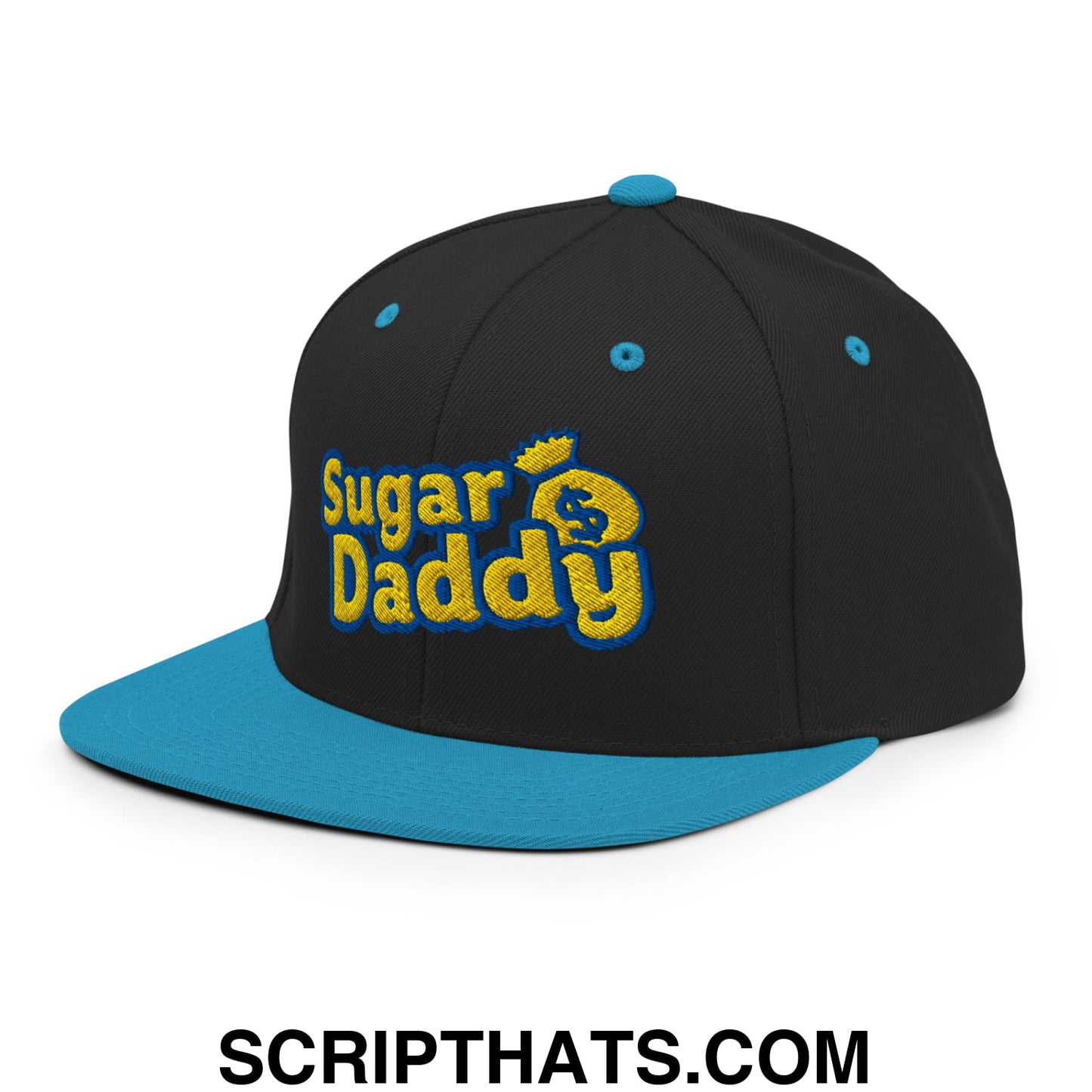 Sugar Daddy Embroidered Flat Bill Brim Snapback Hat Black Teal