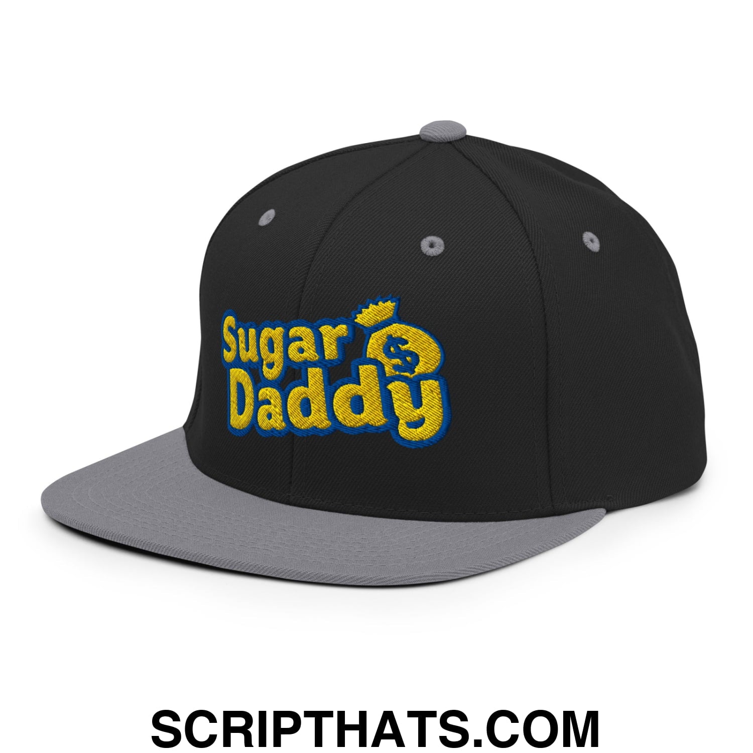 Sugar Daddy Embroidered Flat Bill Brim Snapback Hat Black Silver