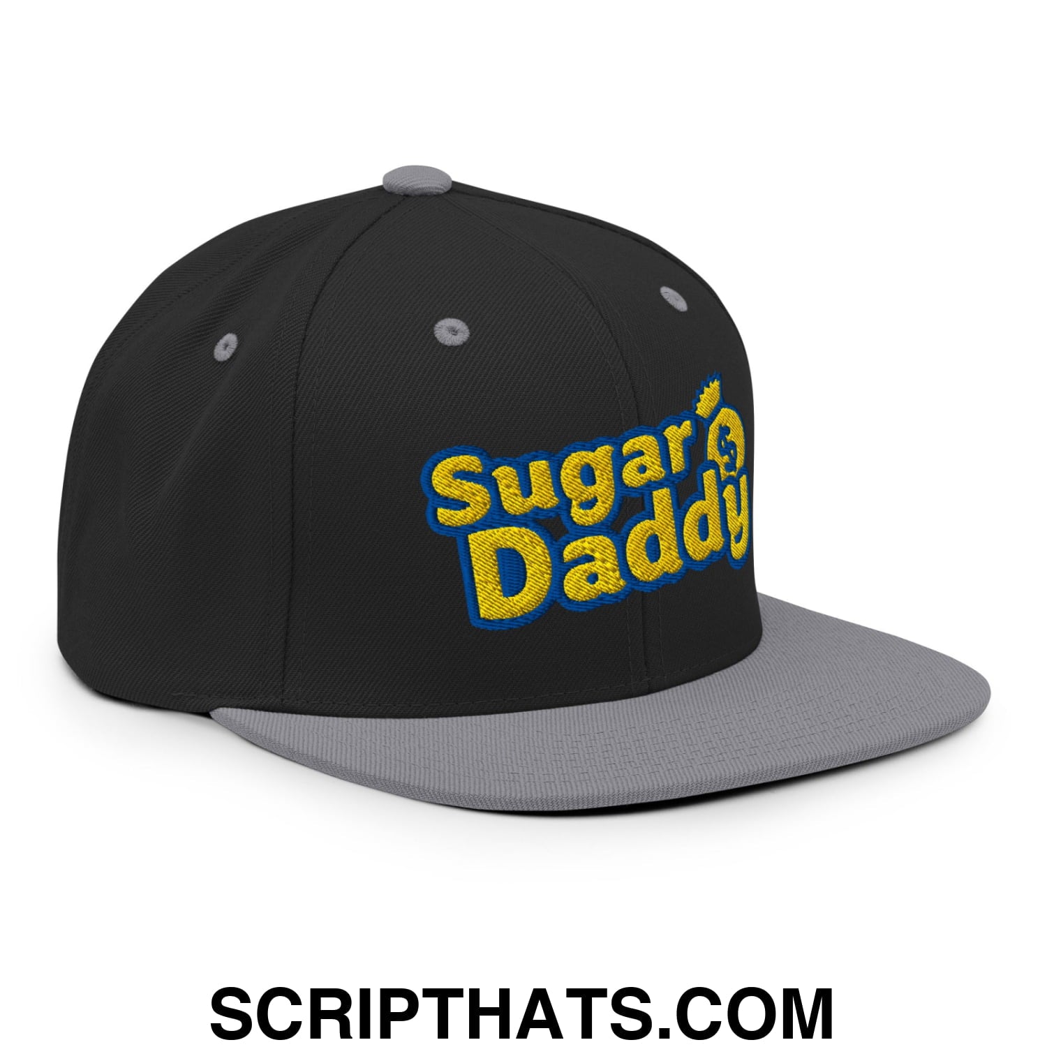 Sugar Daddy Embroidered Flat Bill Brim Snapback Hat Black Silver