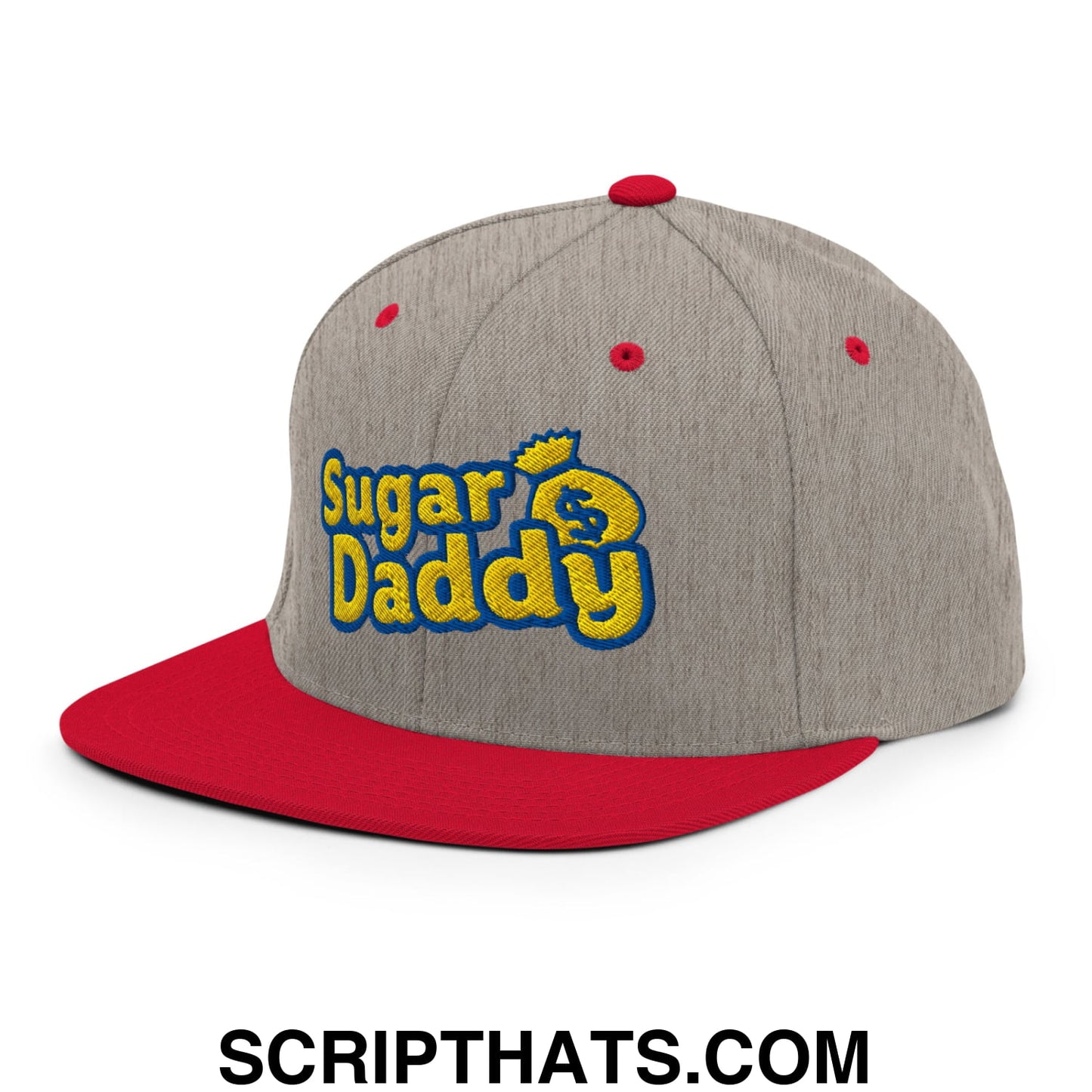 Sugar Daddy Embroidered Flat Bill Brim Snapback Hat Heather Grey Red