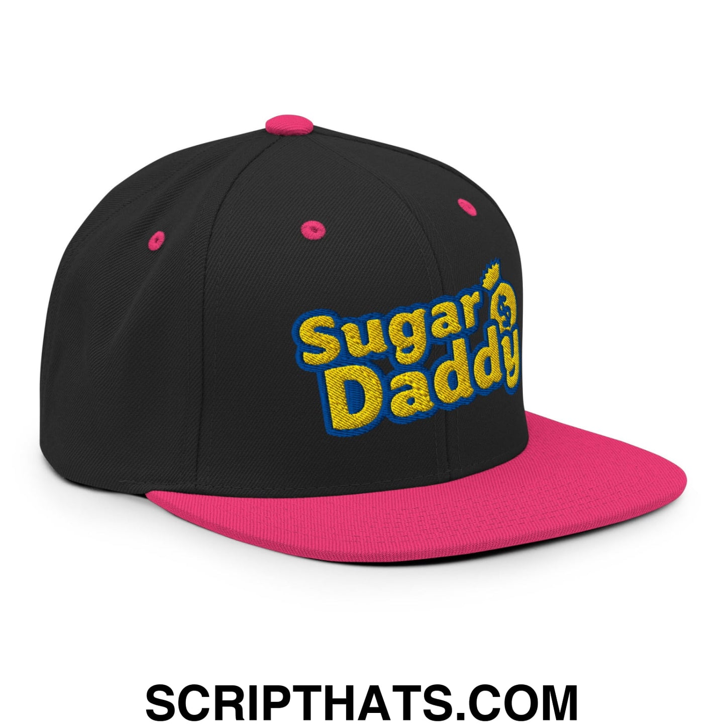 Sugar Daddy Embroidered Flat Bill Brim Snapback Hat Black Neon Pink