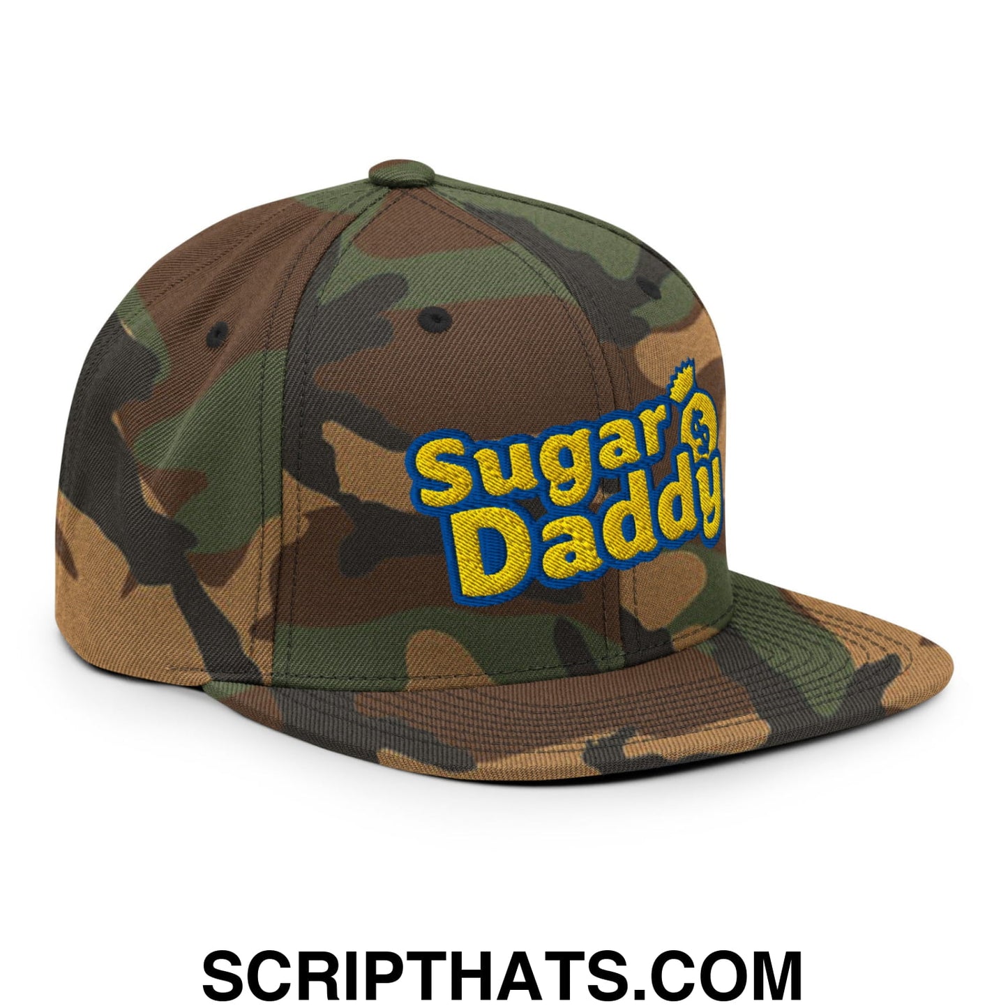 Sugar Daddy Embroidered Flat Bill Brim Snapback Hat Green Camo
