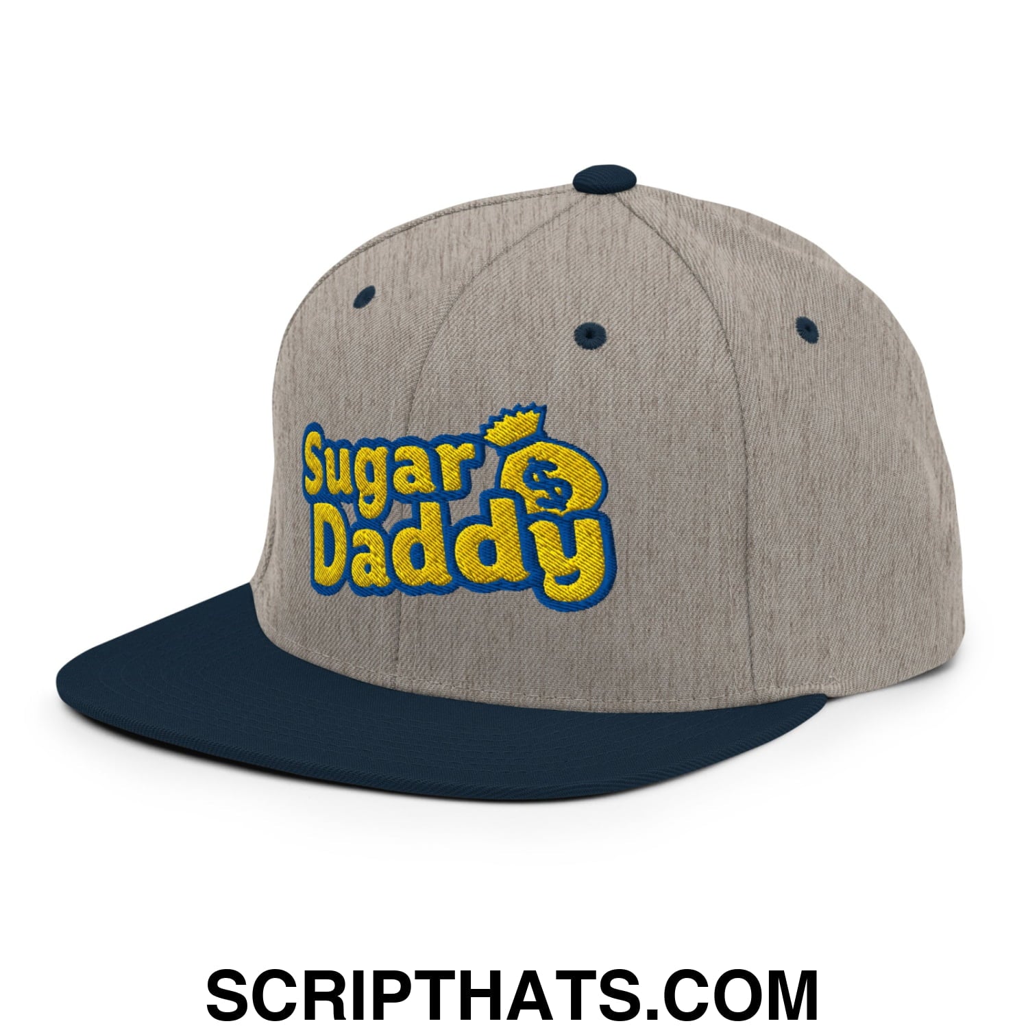 Sugar Daddy Embroidered Flat Bill Brim Snapback Hat Heather Grey Navy