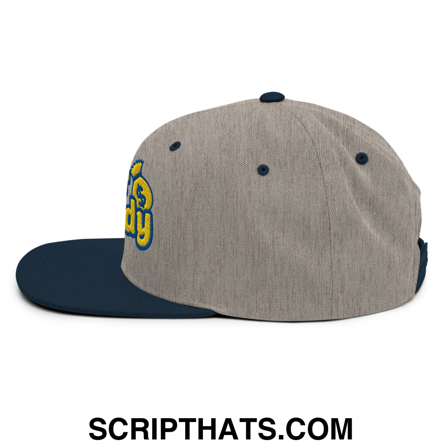 Sugar Daddy Embroidered Flat Bill Brim Snapback Hat Heather Grey Navy