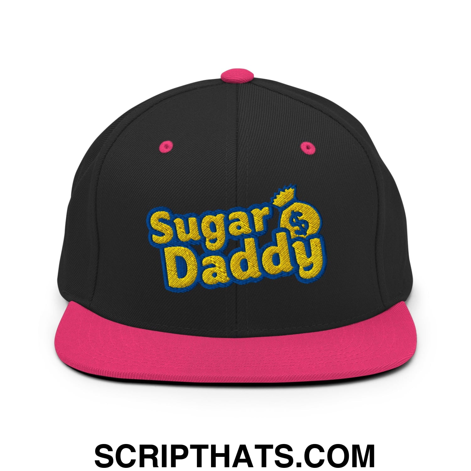 Sugar Daddy Embroidered Flat Bill Brim Snapback Hat Black Neon Pink
