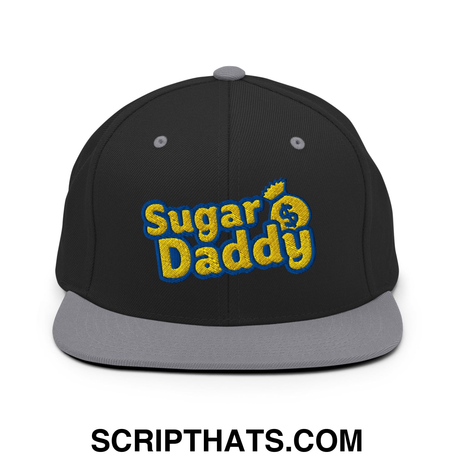 Sugar Daddy Embroidered Flat Bill Brim Snapback Hat Black Silver