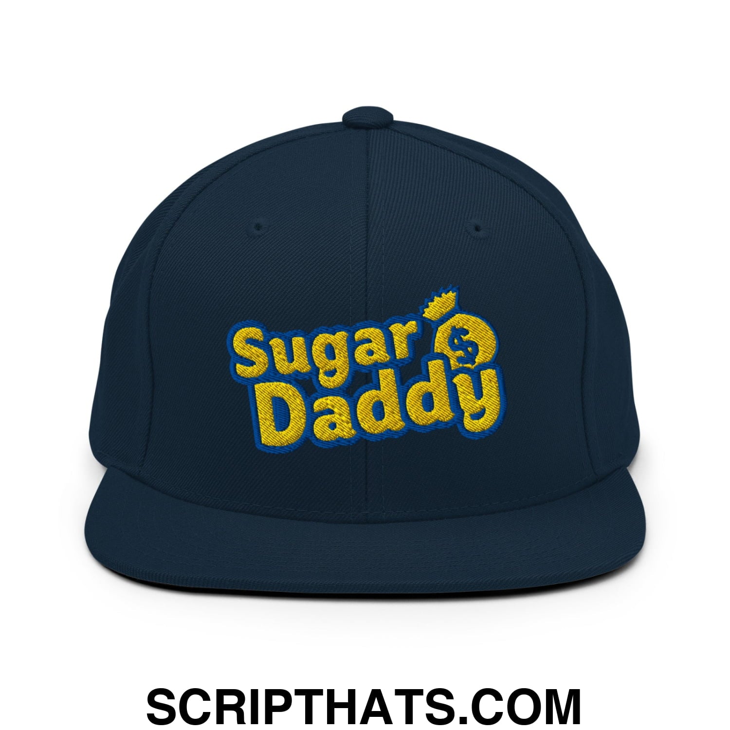 Sugar Daddy Embroidered Flat Bill Brim Snapback Hat Dark Navy