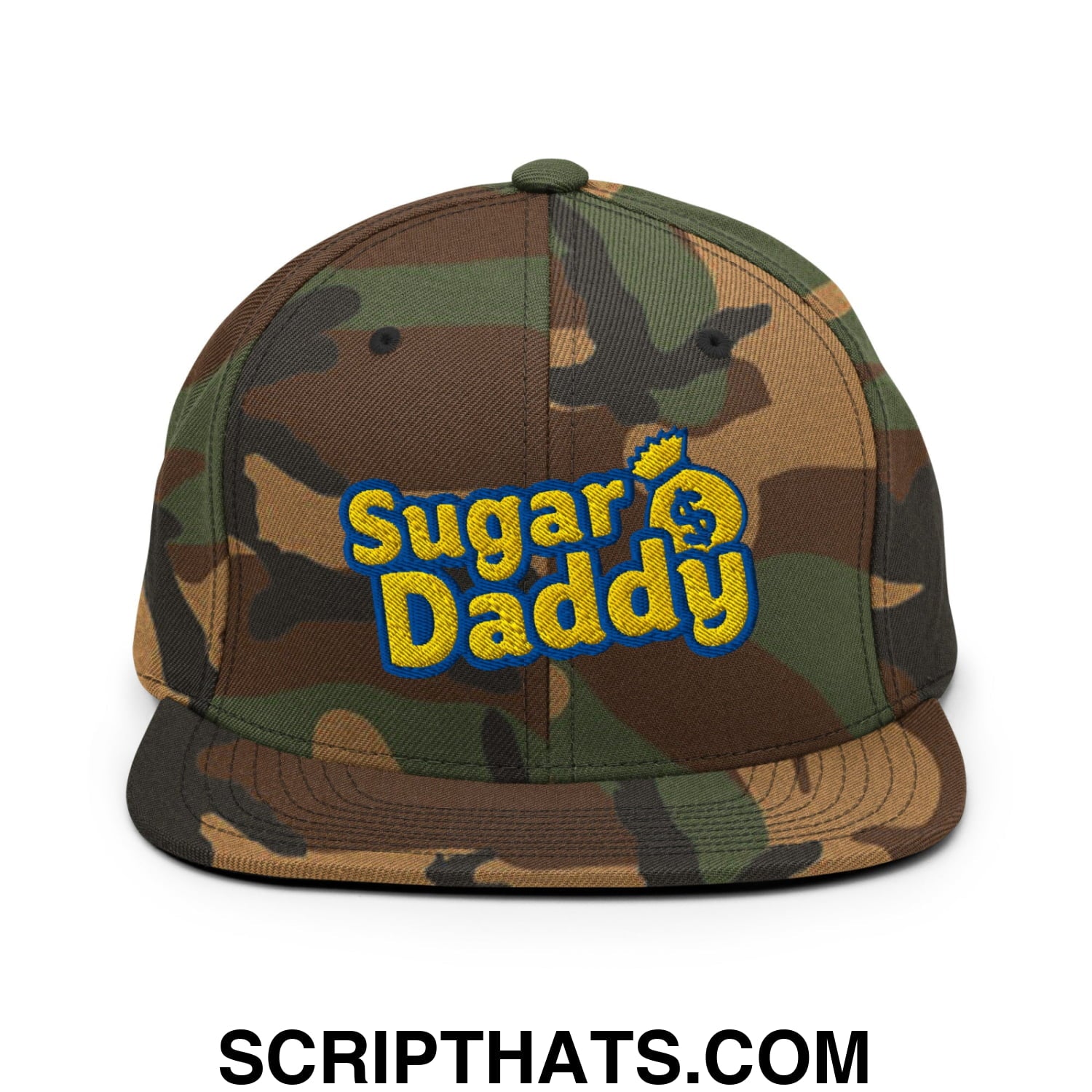 Sugar Daddy Embroidered Flat Bill Brim Snapback Hat Green Camo