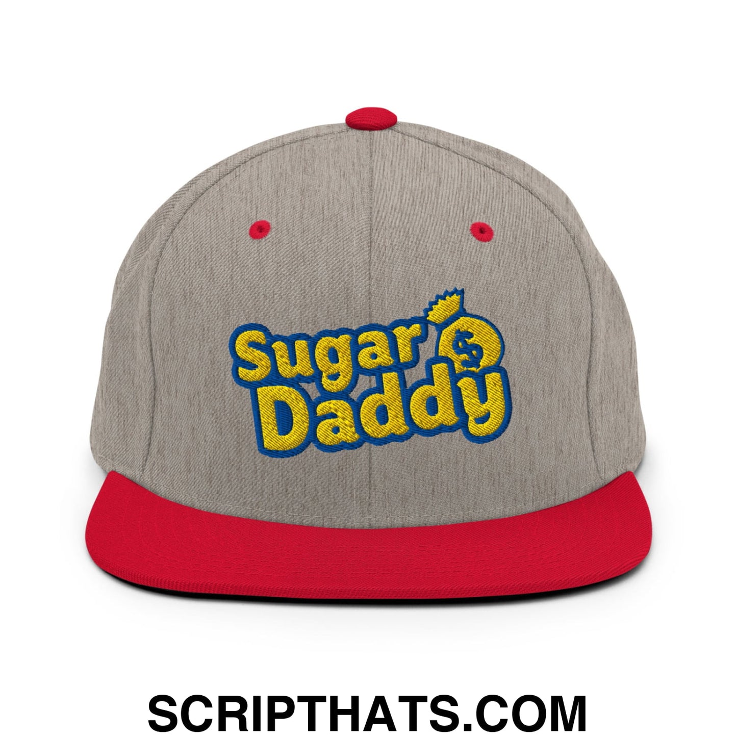 Sugar Daddy Embroidered Flat Bill Brim Snapback Hat Heather Grey Red