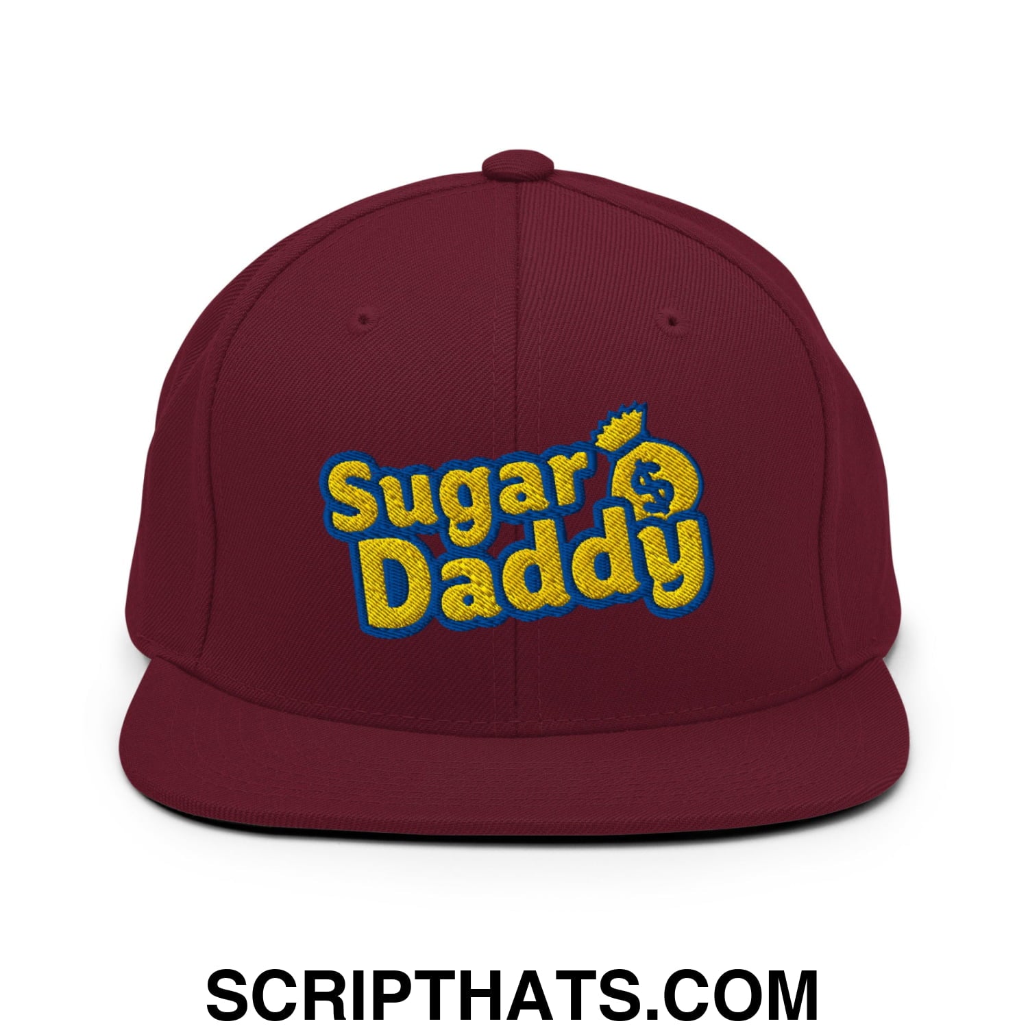 Sugar Daddy Embroidered Flat Bill Brim Snapback Hat Maroon