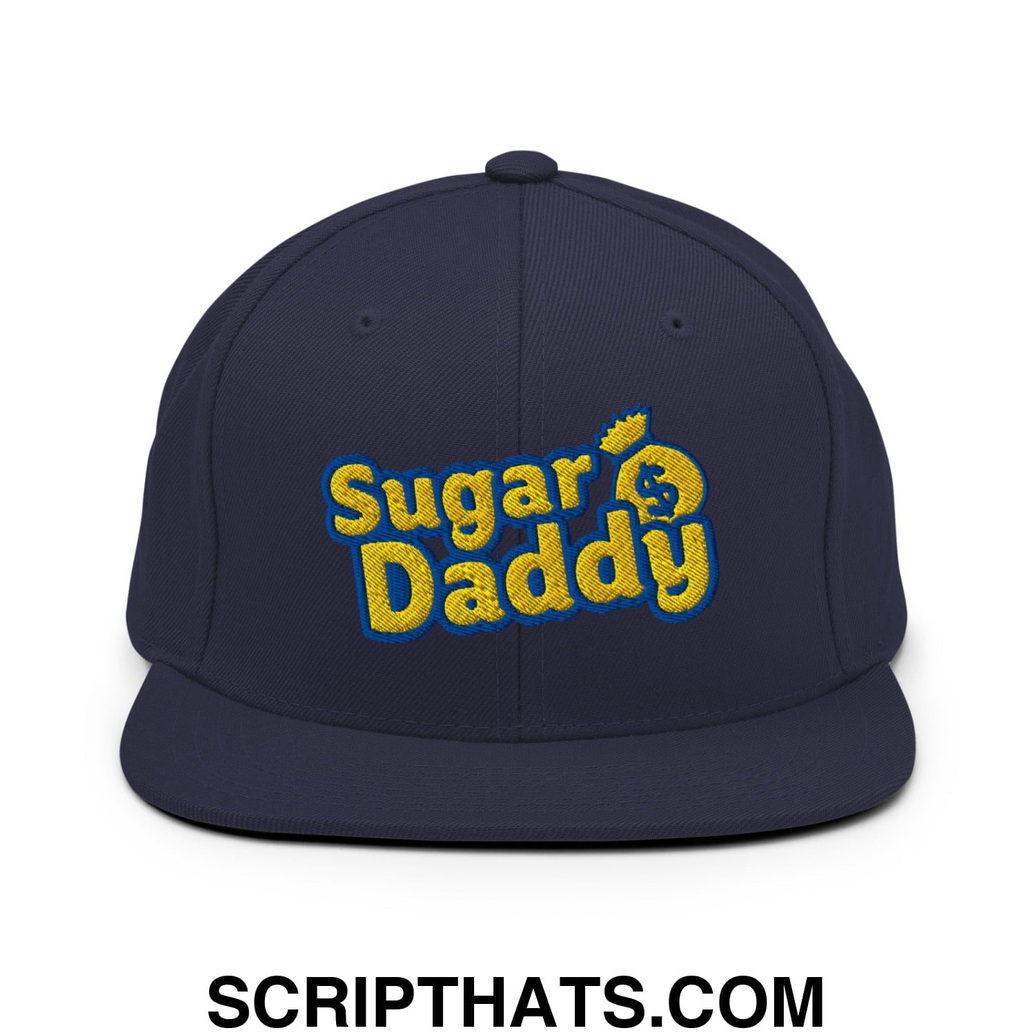 Sugar Daddy Embroidered Flat Bill Brim Snapback Hat Navy