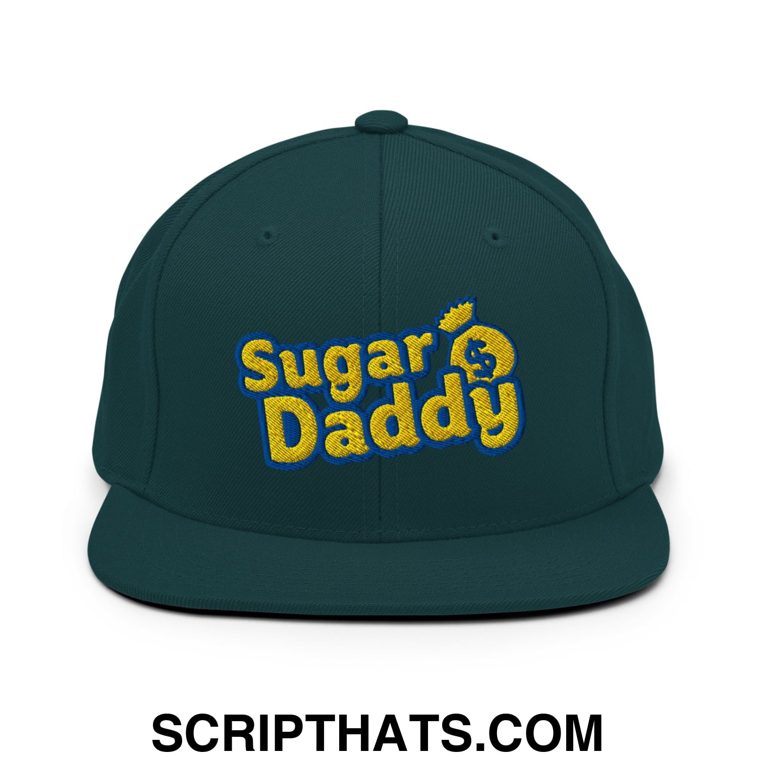 Sugar Daddy Embroidered Flat Bill Brim Snapback Hat Spruce