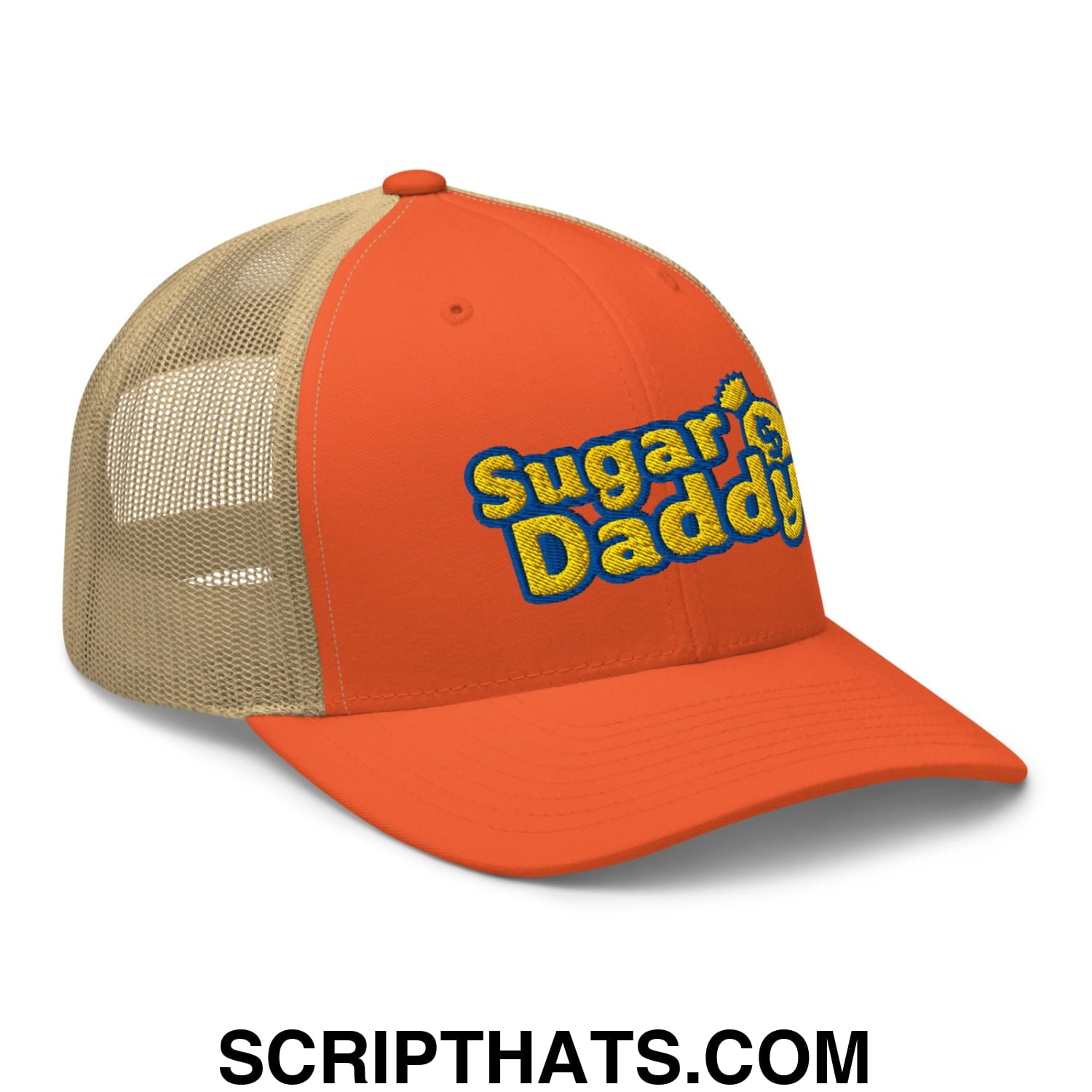 Sugar Daddy Embroidered Mesh Trucker Hat Rustic Orange Khaki