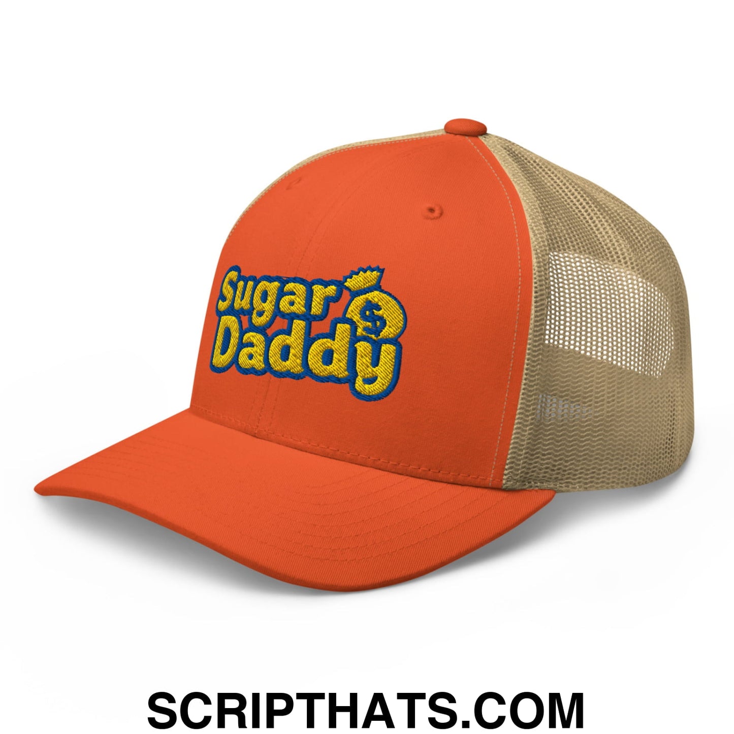 Sugar Daddy Embroidered Mesh Trucker Hat Rustic Orange Khaki