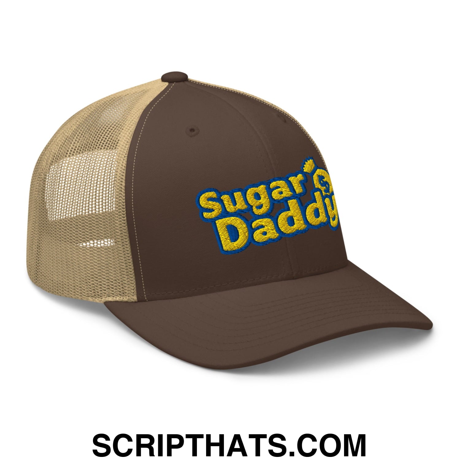 Sugar Daddy Embroidered Mesh Trucker Hat Brown Khaki