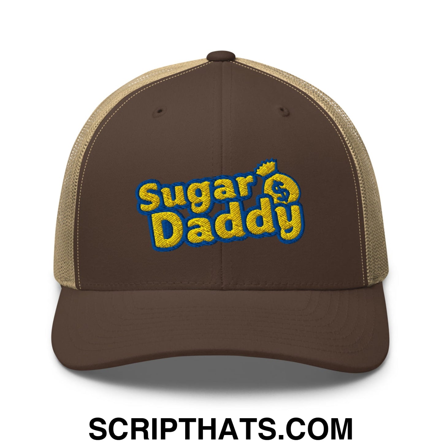 Sugar Daddy Embroidered Mesh Trucker Hat Brown Khaki