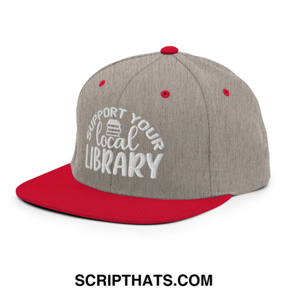 Gray and red snapback cap with white embroidered support your local library text and flat bill brim design