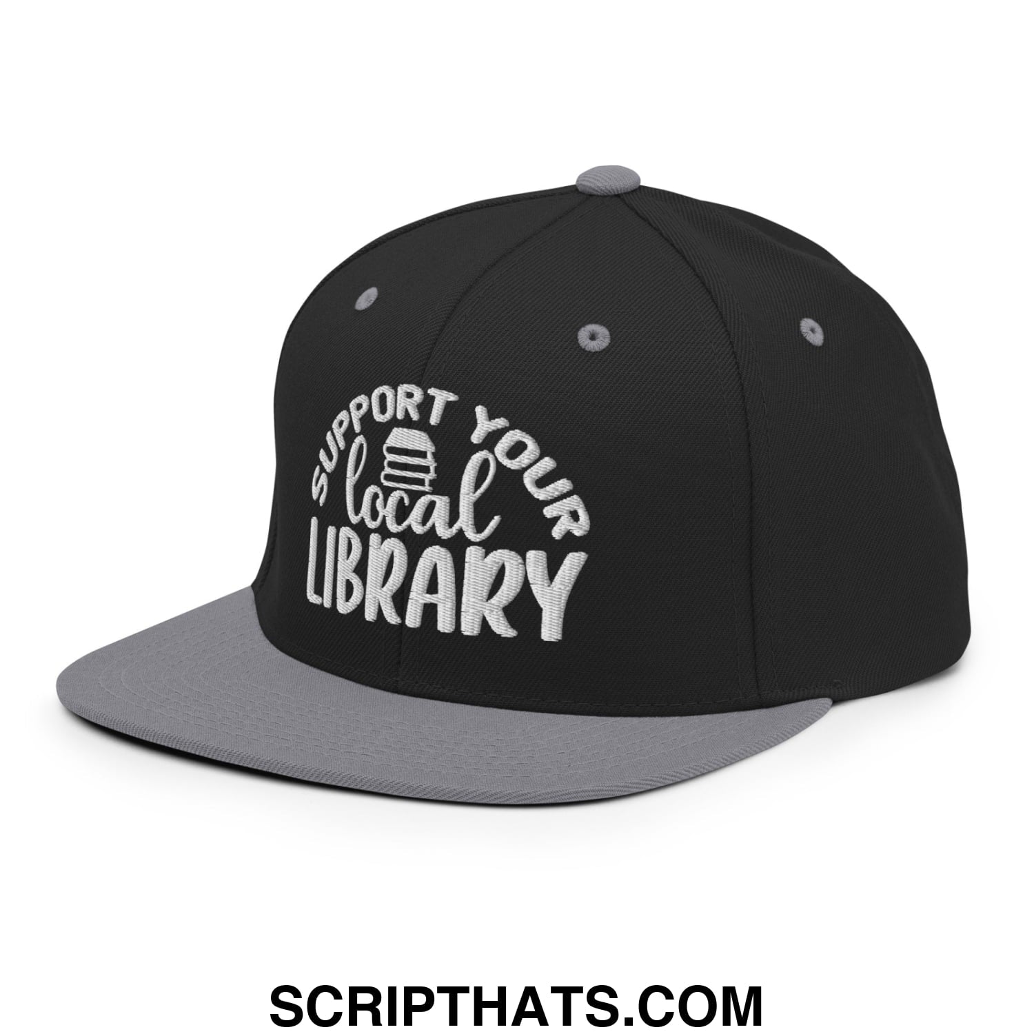 Black and gray snapback hat with white embroidered support your local library text and stack of books icon