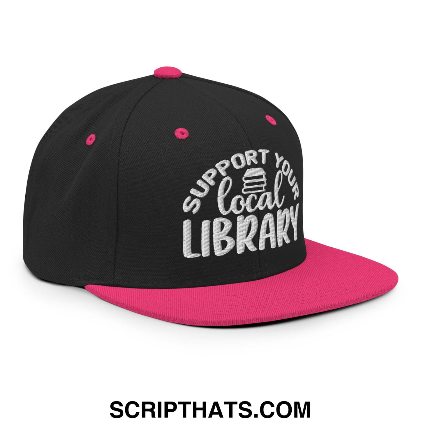 Black and pink snapback hat with white embroidered support your local library text and flat bill brim design