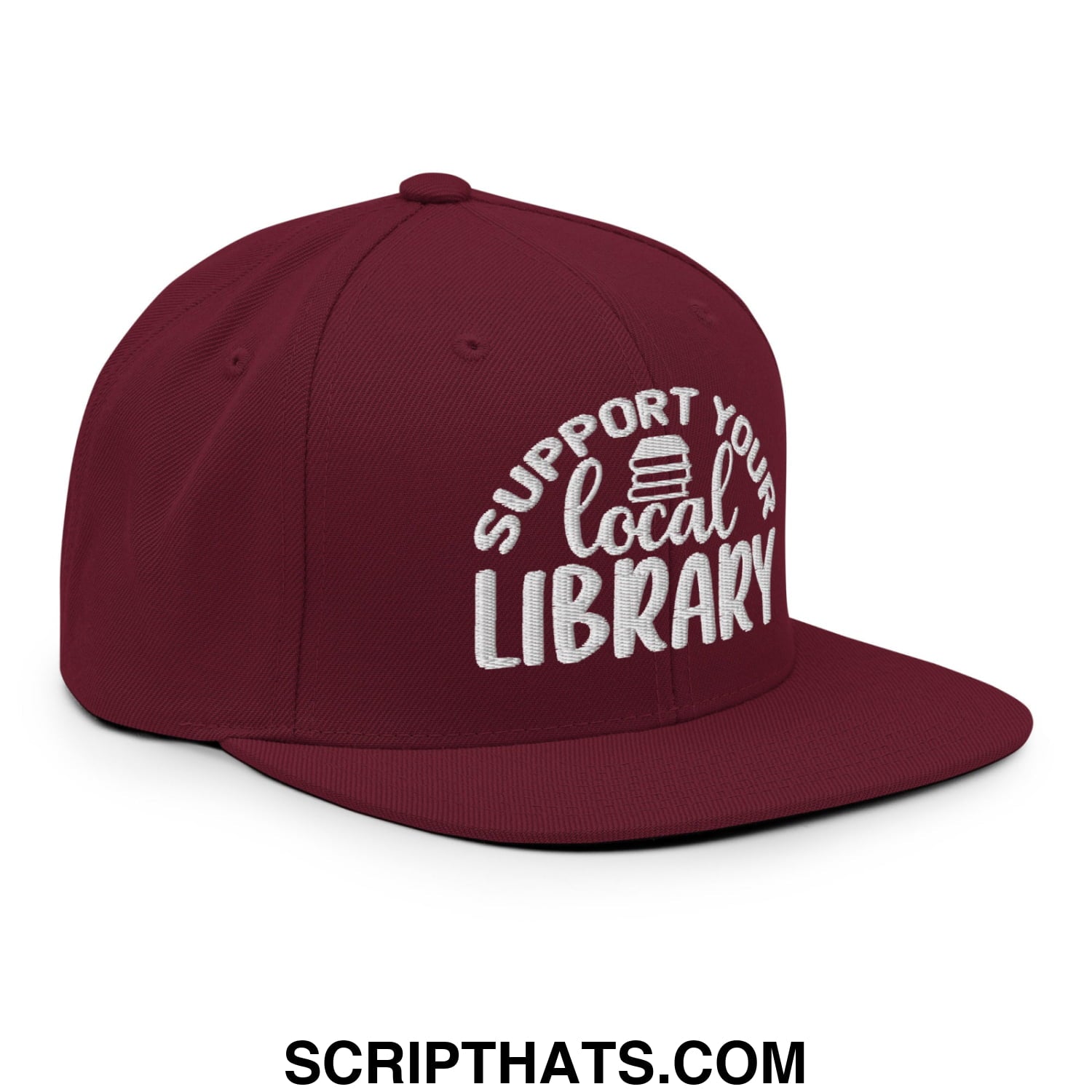 Maroon snapback hat with white embroidered support your local library text and stack of books graphic