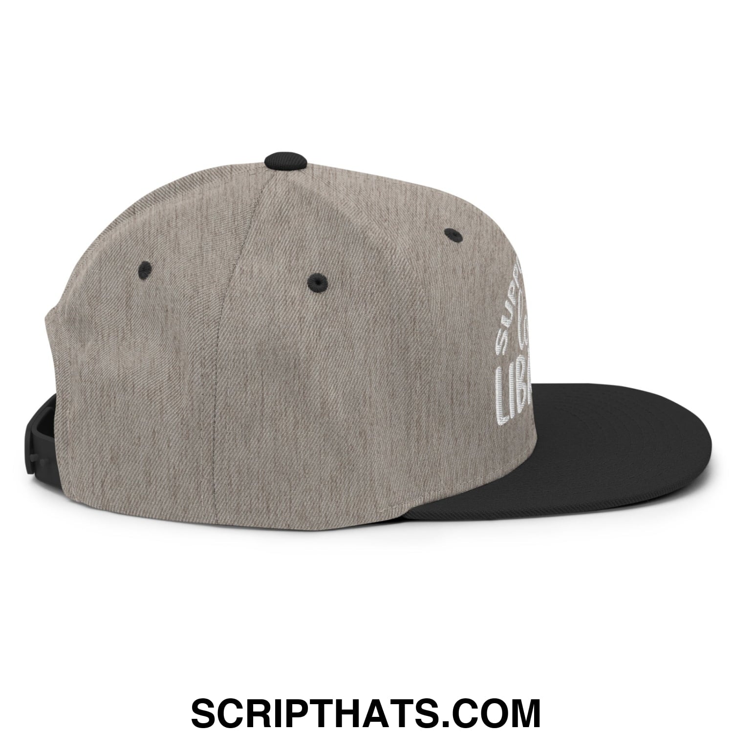 Gray and black snapback hat with heathered fabric crown flat brim and white embroidered support your local library text