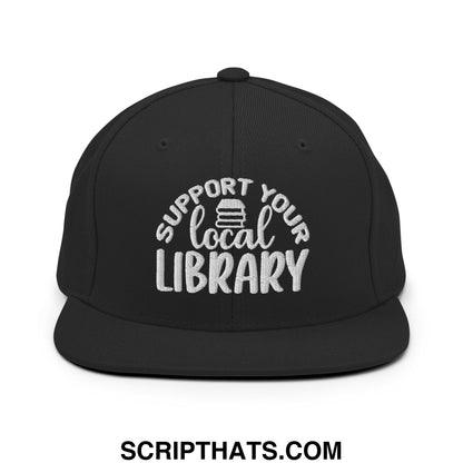 Black snapback hat with white embroidered support your local library text and stack of books icon flat bill brim