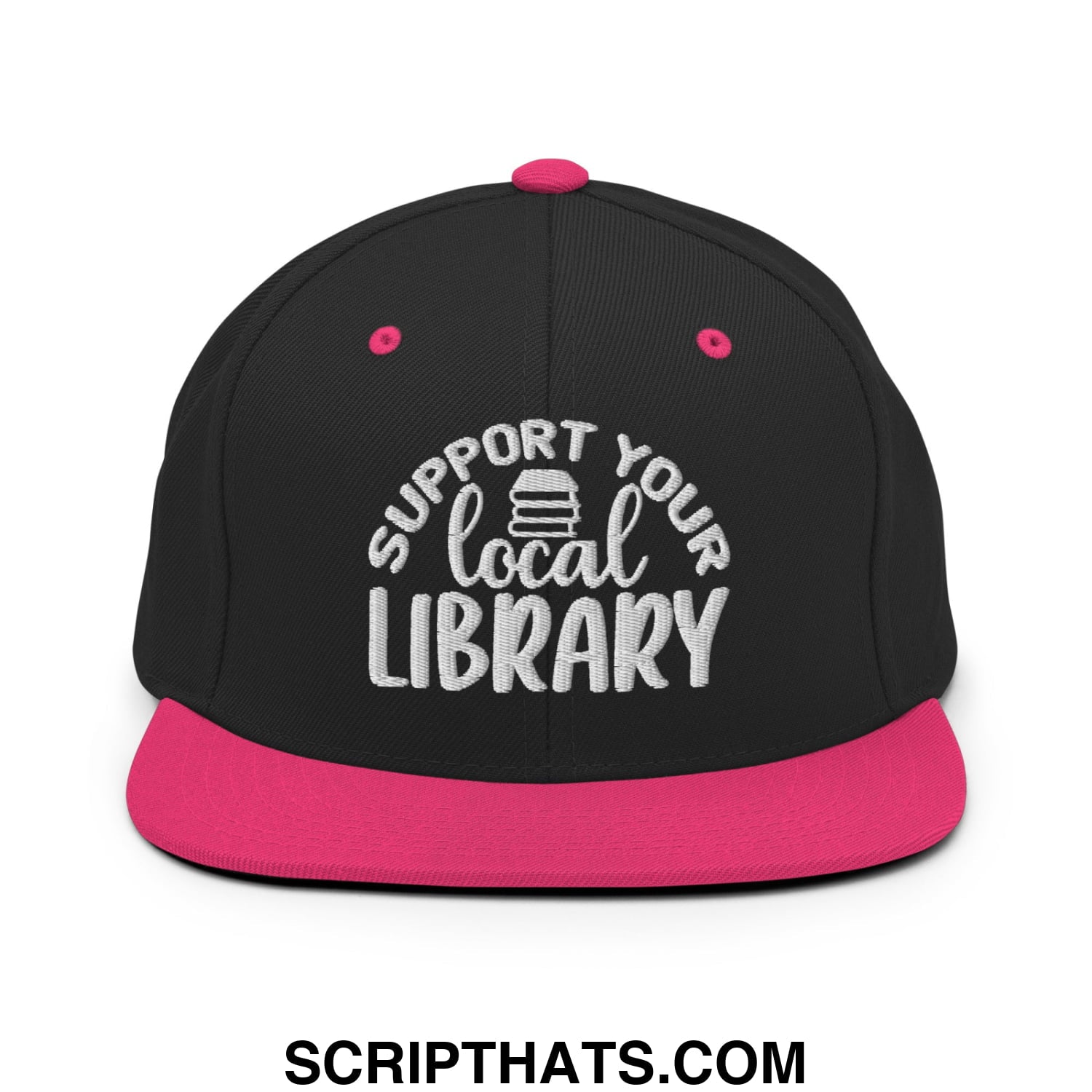 Black and pink snapback hat with white embroidered support your local library text and stack of books graphic
