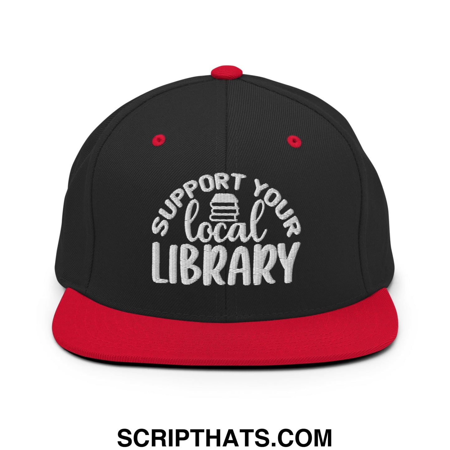 Black and red snapback hat with white embroidered support your local library text and stack of books graphic
