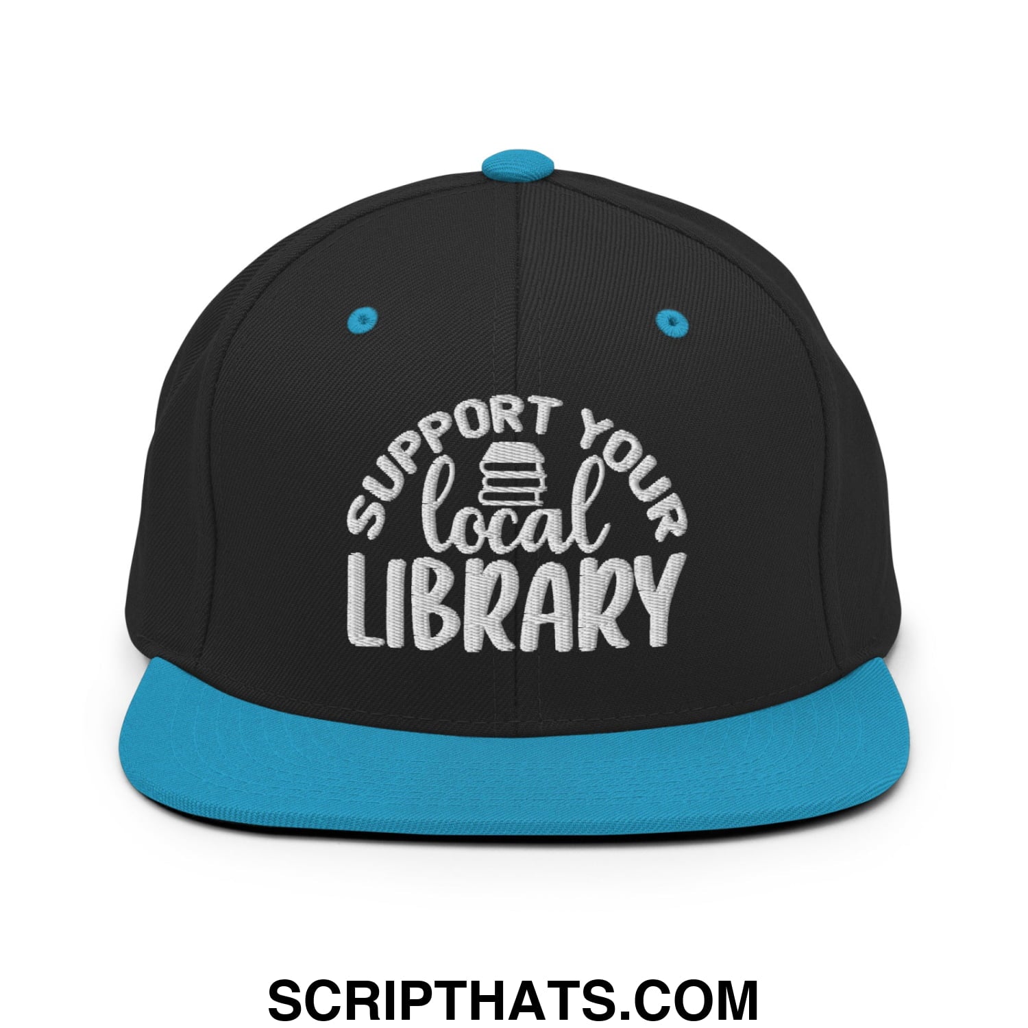 Black snapback hat with teal brim and button featuring white embroidered support your local library text and book icon