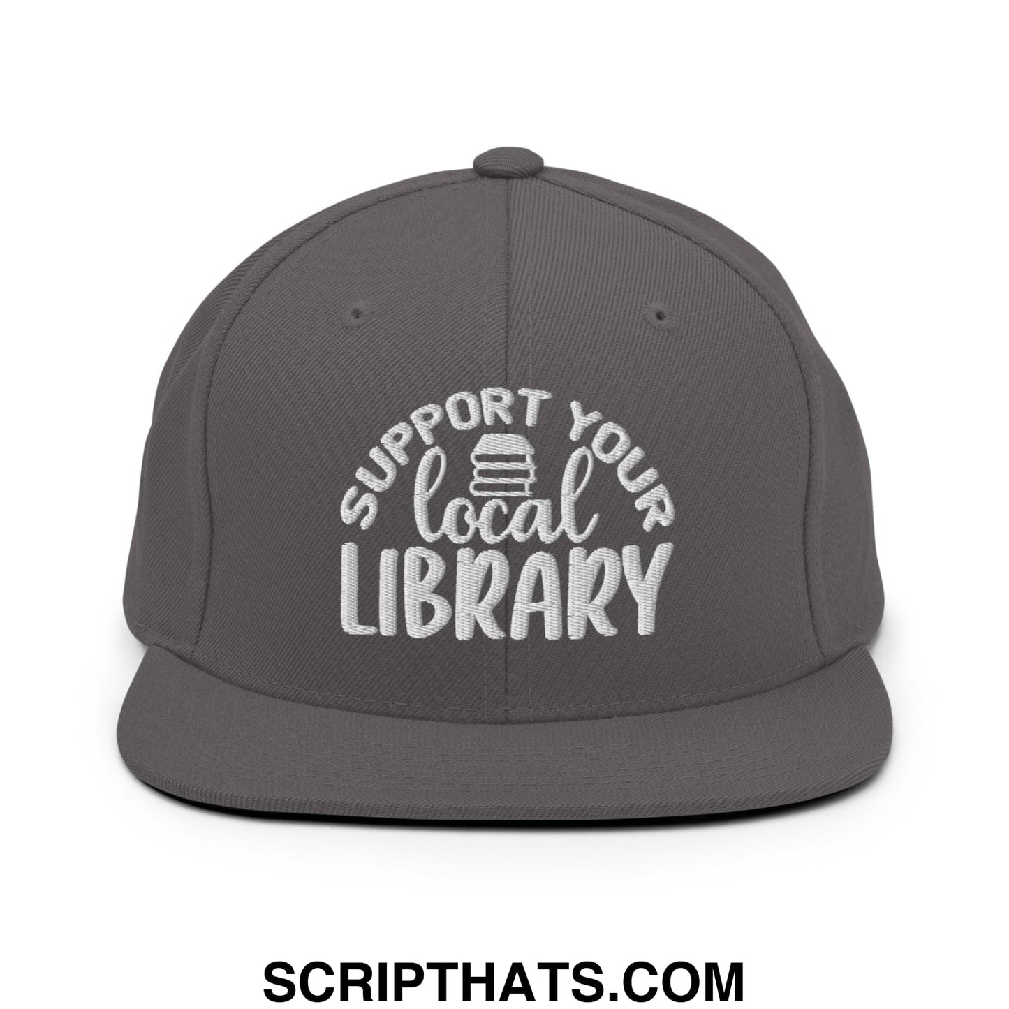 Gray cotton snapback hat with white embroidered support your local library text and book icon on front panel