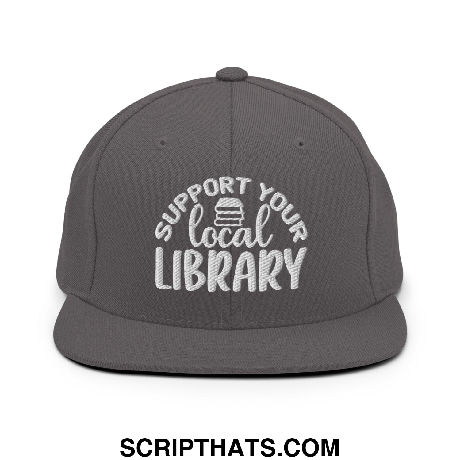 Gray cotton snapback hat with white embroidered support your local library text and book icon on front panel