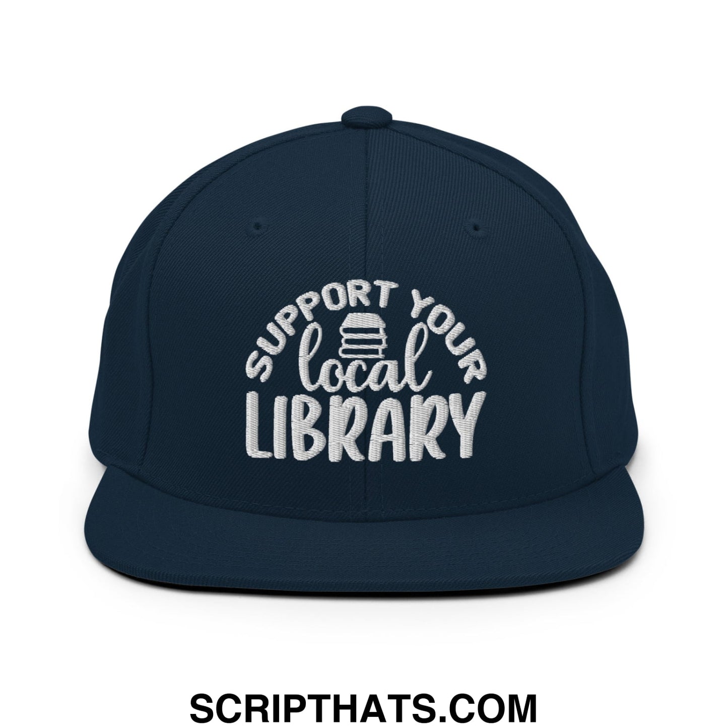 Navy blue snapback hat with white embroidered support your local library text and stack of books icon flat brim