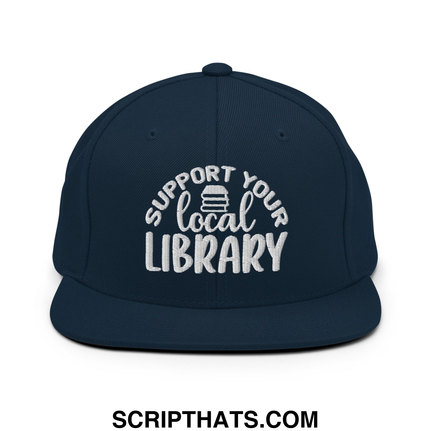 Navy blue snapback hat with white embroidered support your local library text and stack of books icon flat brim