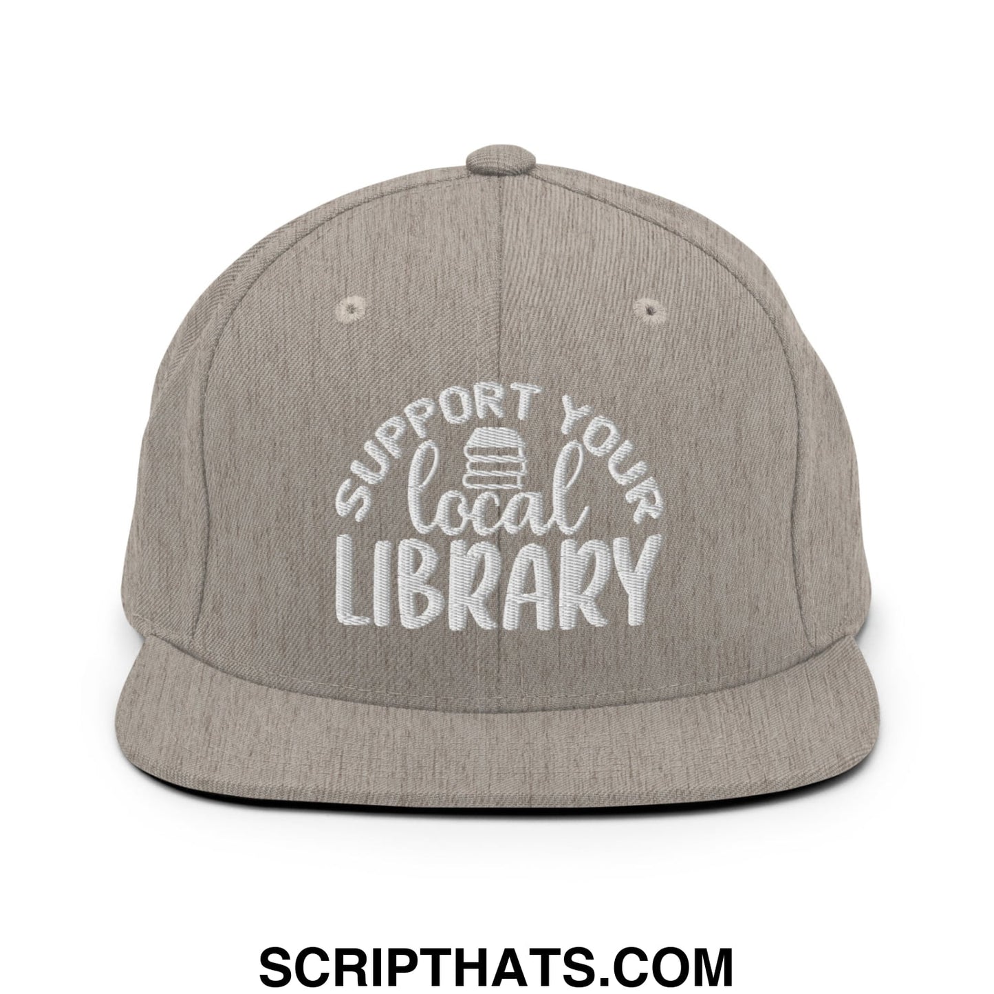 Gray heather snapback cap with white embroidered support your local library text and stack of books graphic