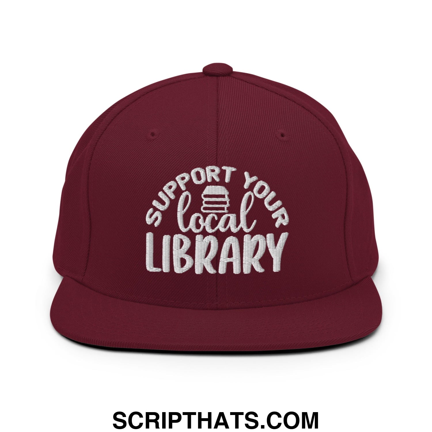 Maroon snapback hat with white embroidered support your local library text and stack of books graphic on the front