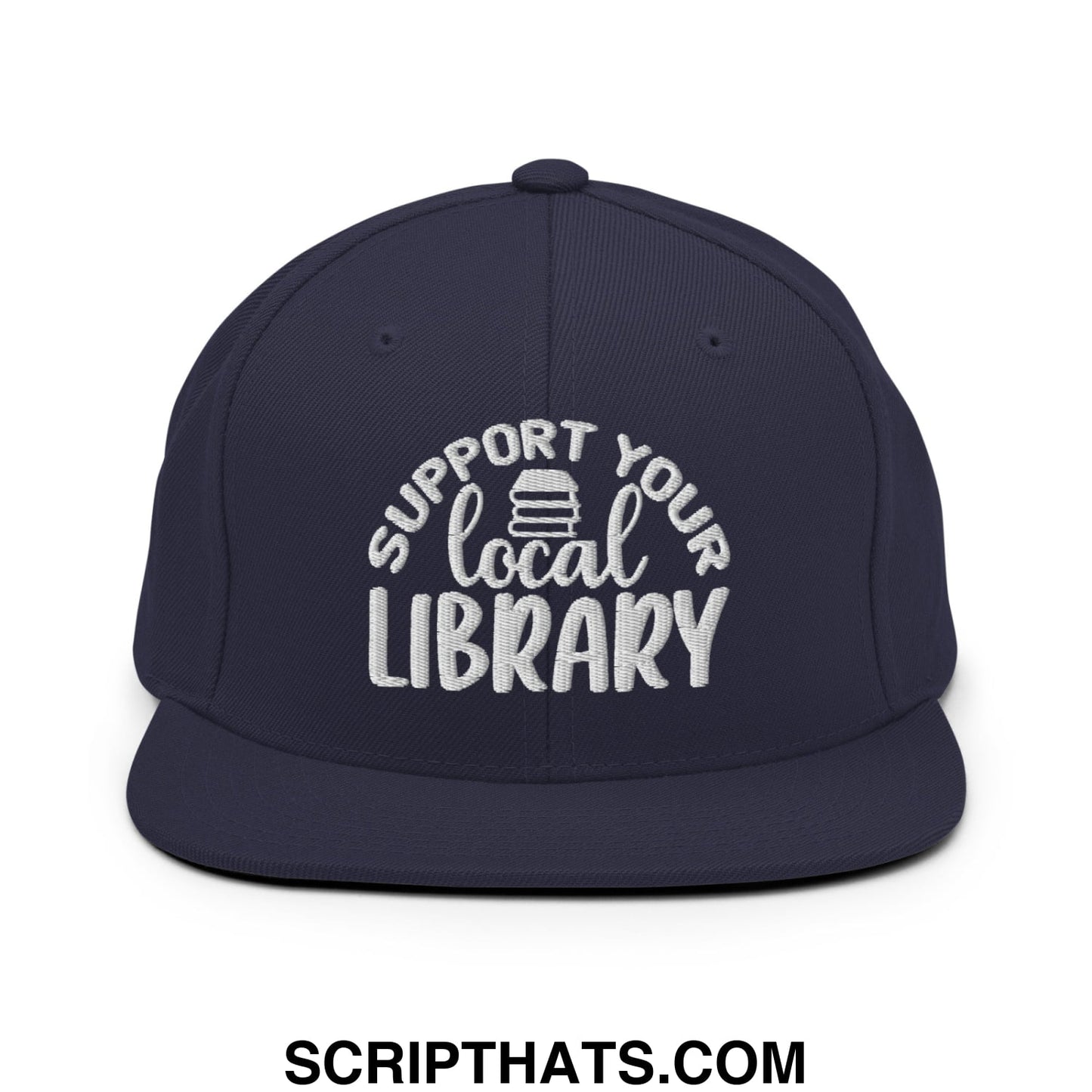 Navy blue snapback hat with white embroidered support your local library text and stack of books icon