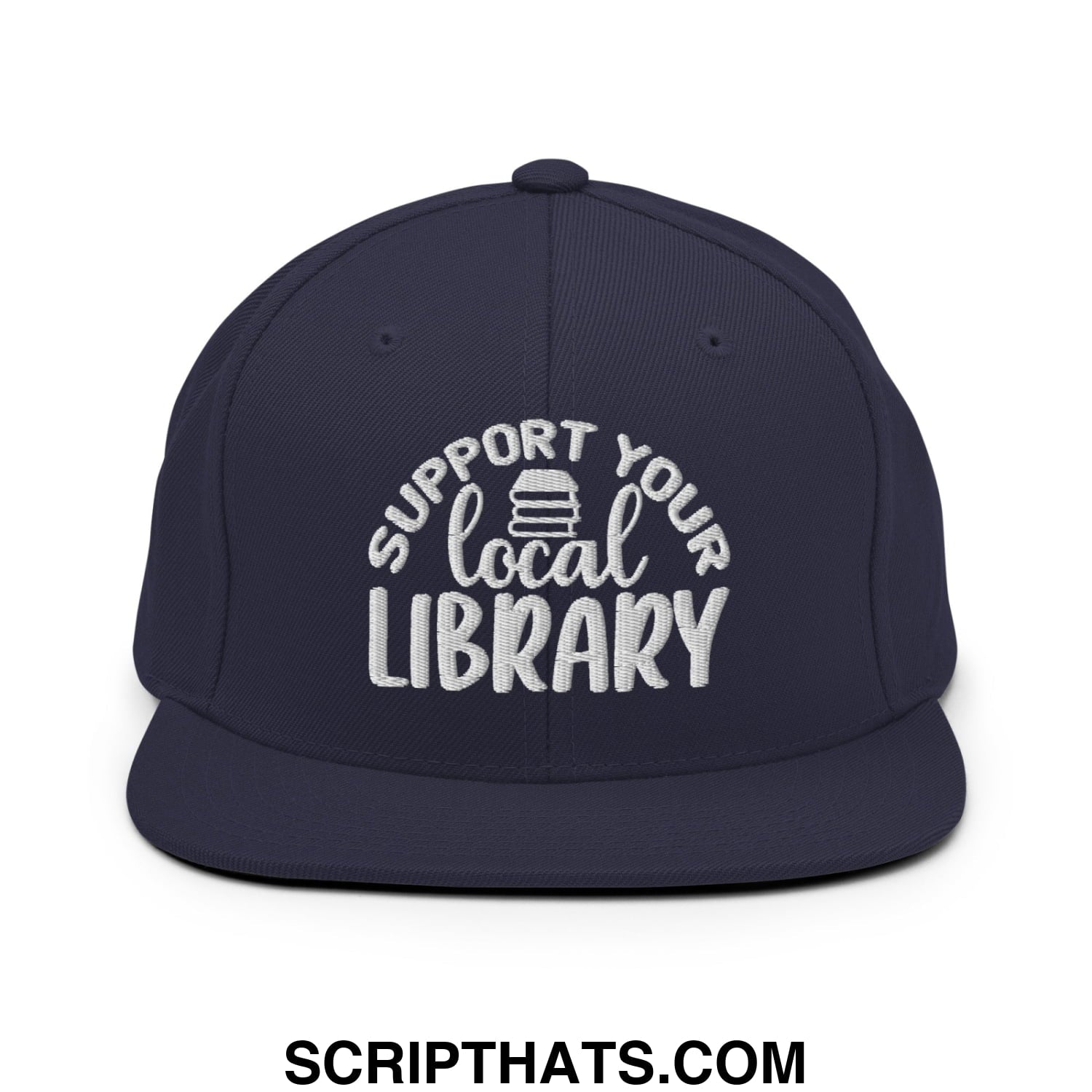 Navy blue snapback hat with white embroidered support your local library text and stack of books icon