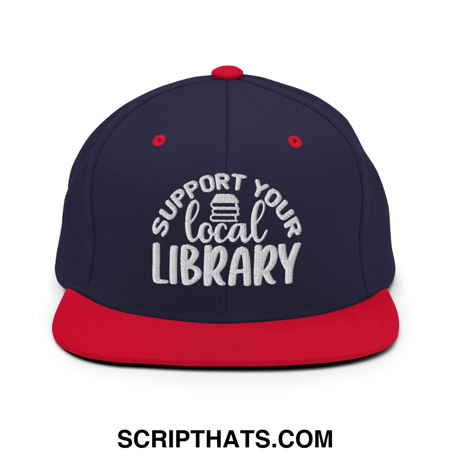 Navy blue and red snapback hat with white embroidered support your local library text and stack of books graphic