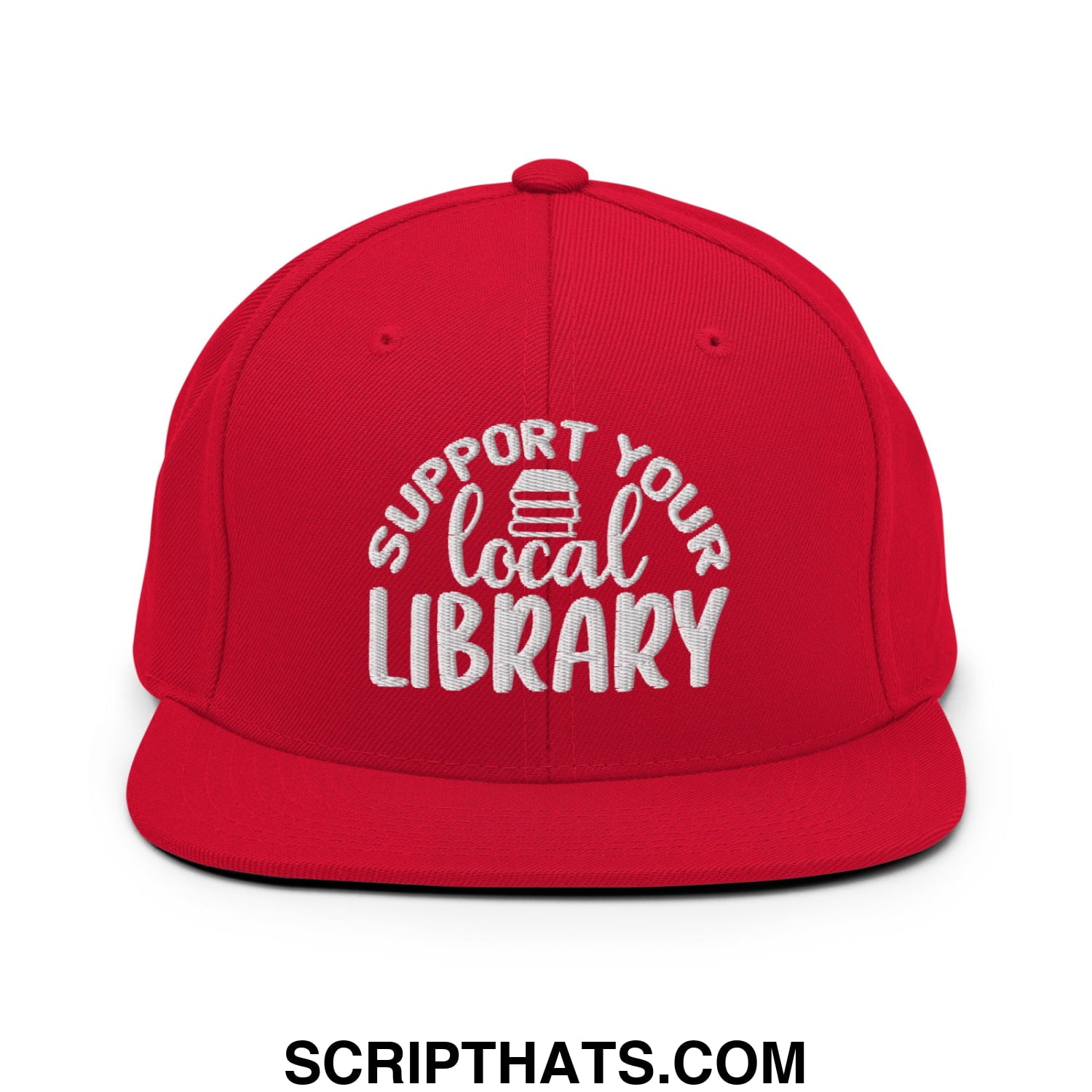 Red snapback hat with white embroidered support your local library text and stack of books icon flat bill brim