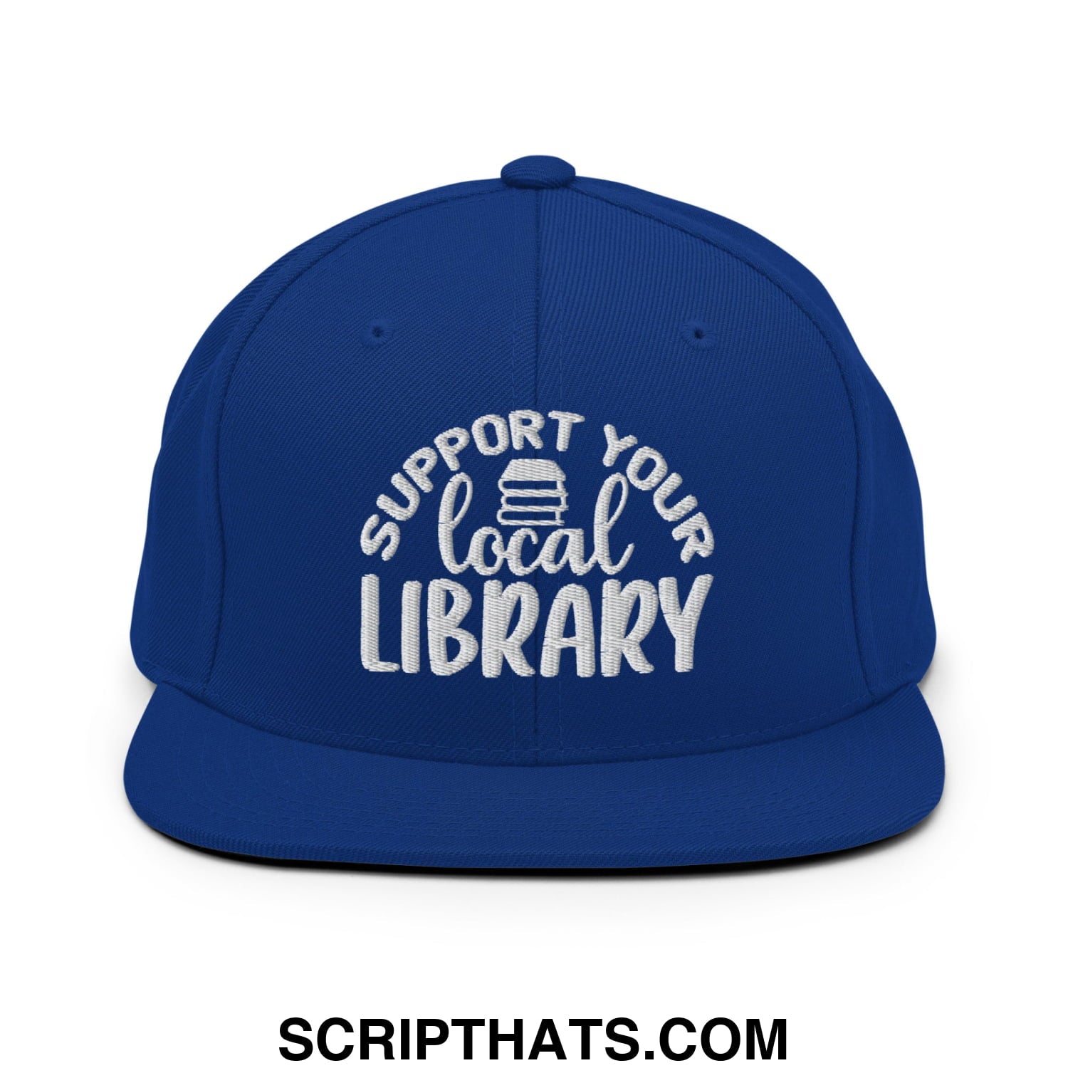 Royal blue snapback hat with white embroidered support your local library text and stack of books icon