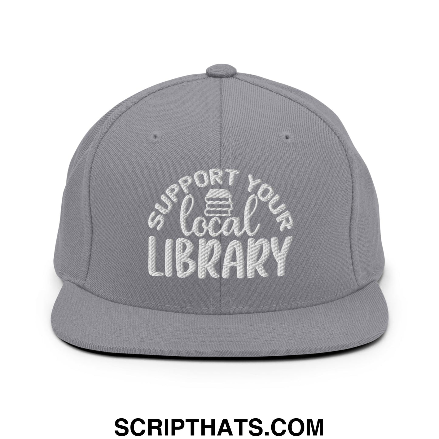 Gray snapback hat with white embroidered support your local library text and stack of books icon on flat bill brim
