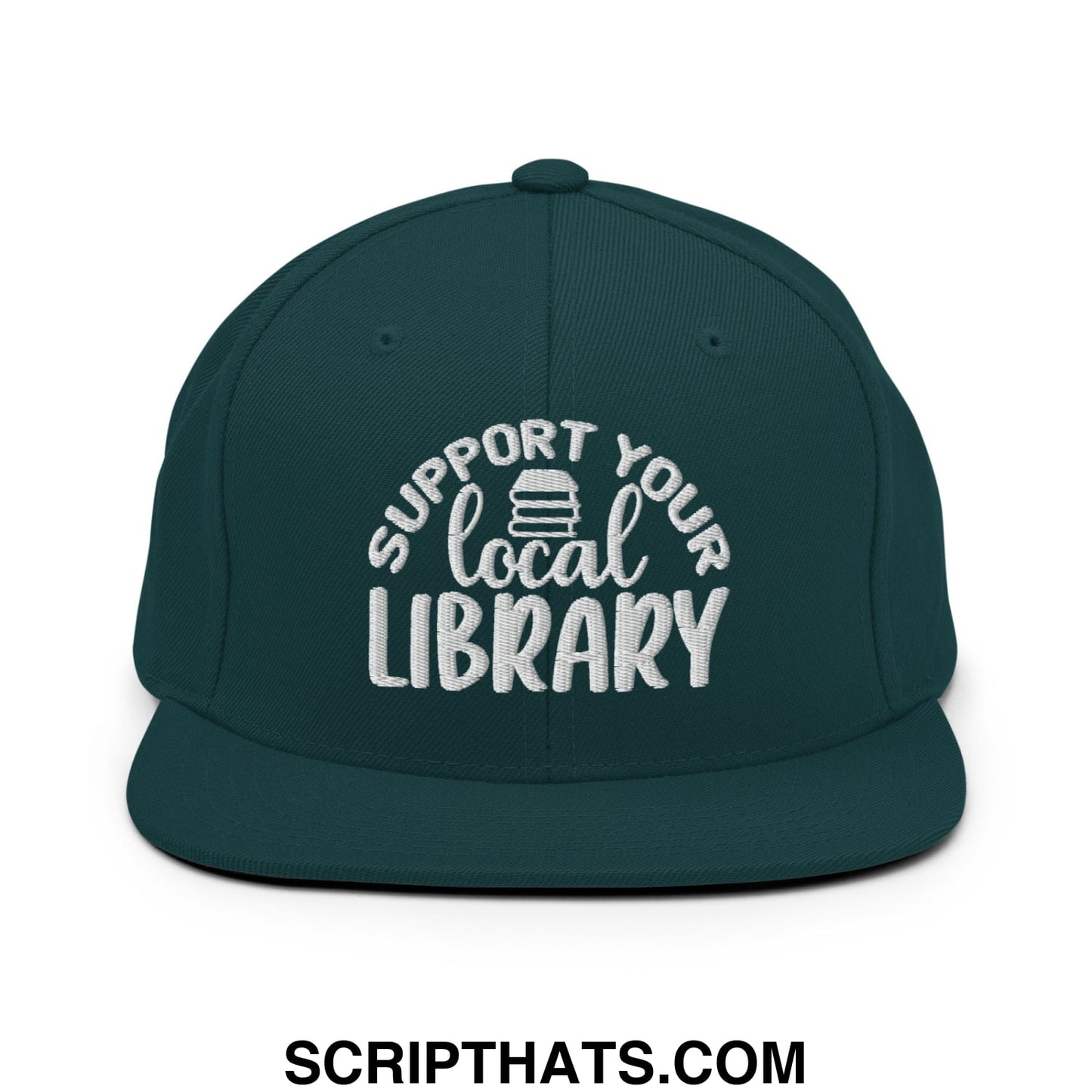 Dark green snapback hat with white embroidered support your local library text and stack of books icon