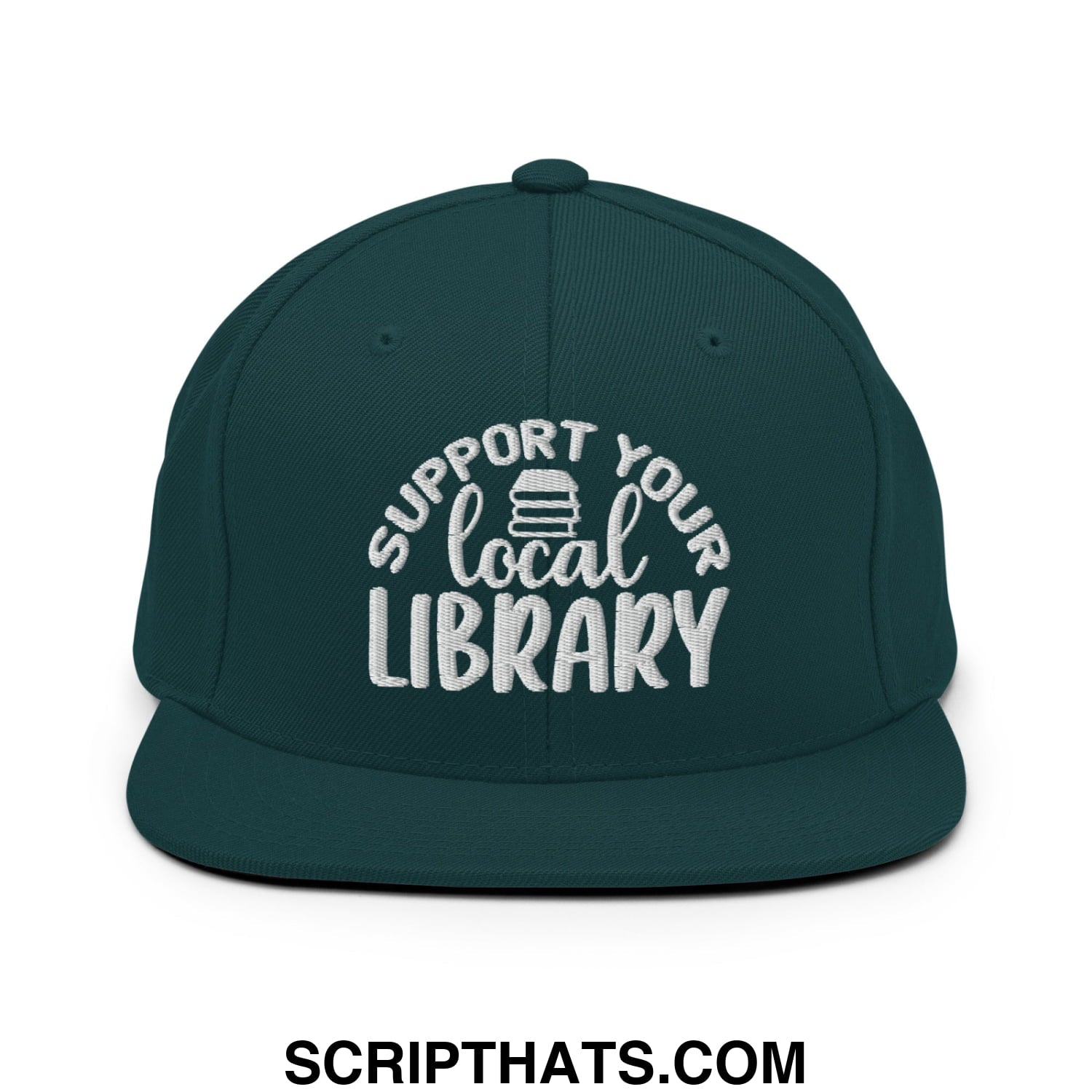 Dark green snapback hat with white embroidered support your local library text and stack of books icon